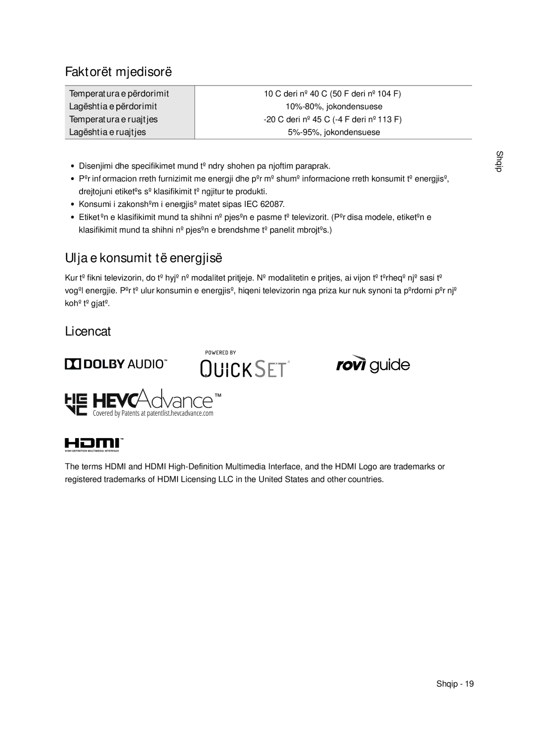 Samsung UE49NU8052TXXH, UE49NU8072TXXH, UE55NU8052TXXH manual Faktorët mjedisorë, Ulja e konsumit të energjisë, Licencat 