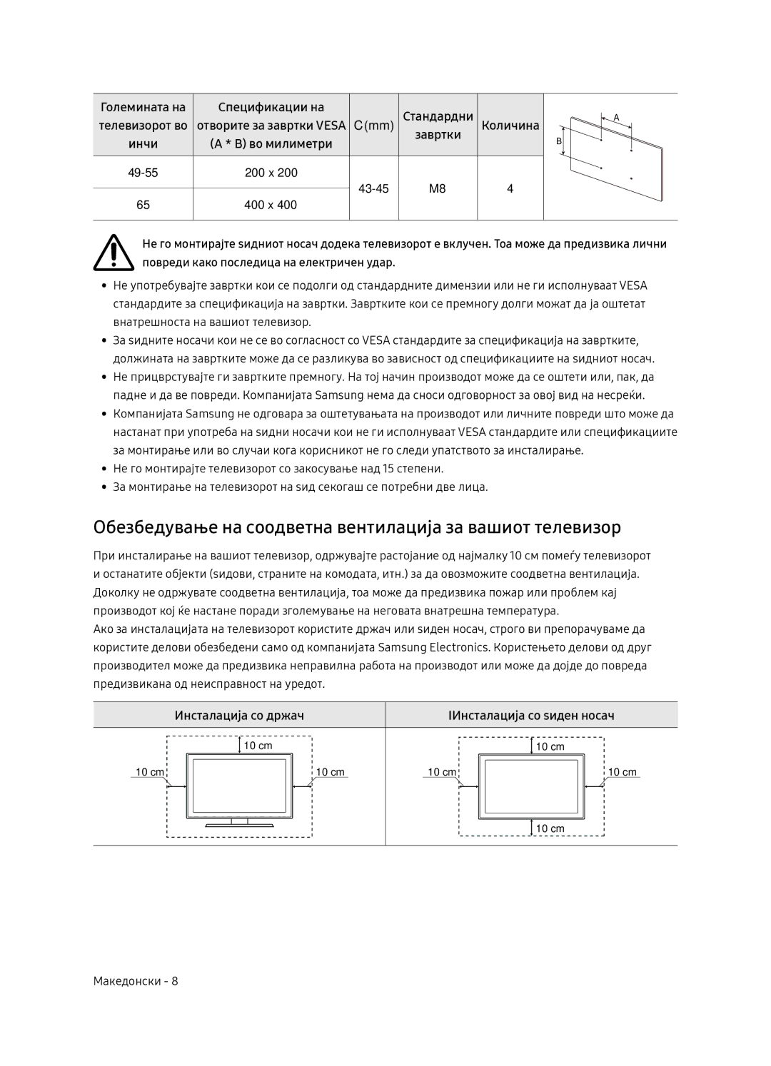 Samsung UE49NU8072TXXH, UE55NU8052TXXH, UE65NU8052TXXH manual Обезбедување на соодветна вентилација за вашиот телевизор, Инчи 