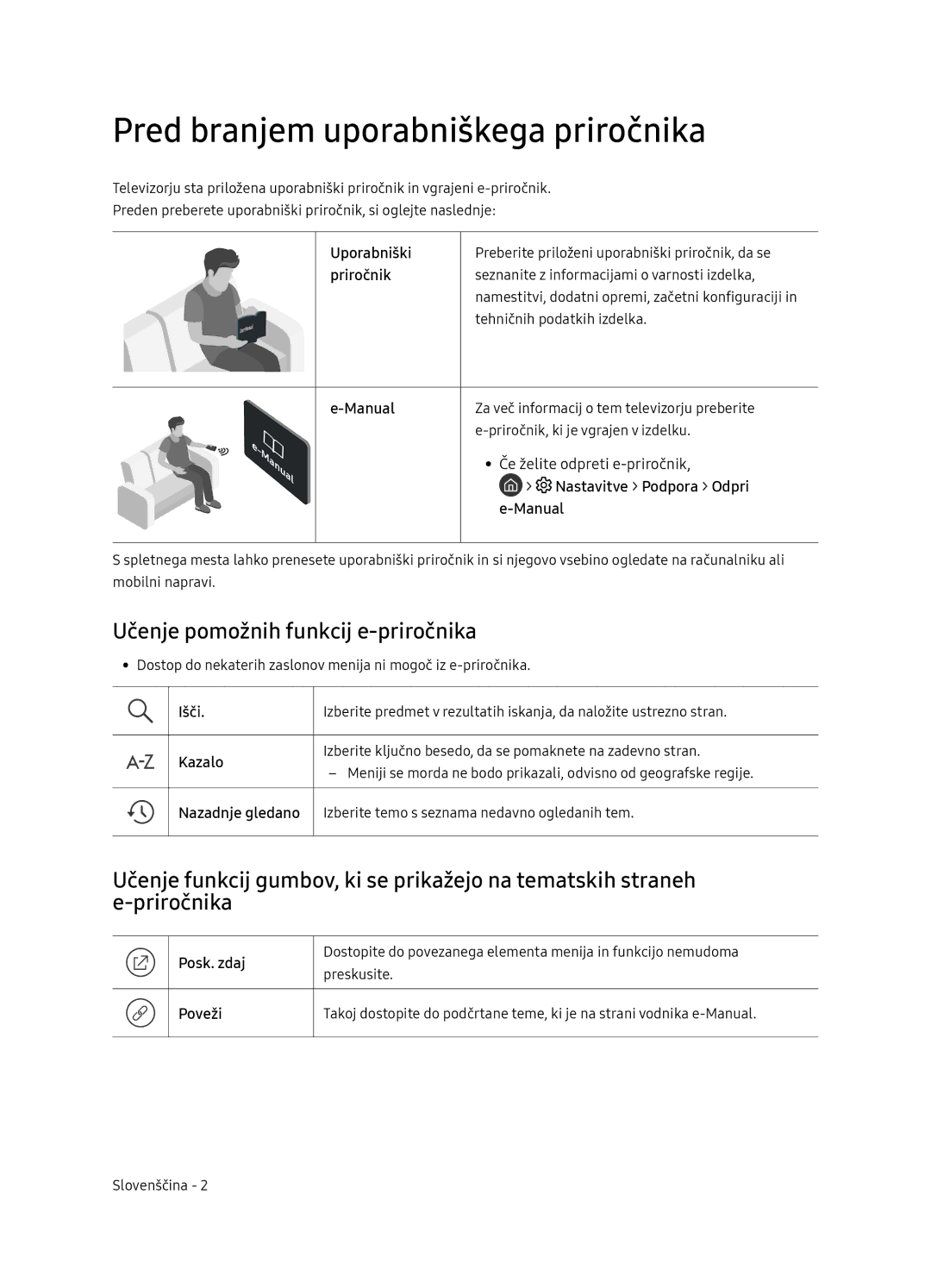 Samsung UE65NU8052TXXH, UE49NU8072TXXH manual Pred branjem uporabniškega priročnika, Učenje pomožnih funkcij e-priročnika 