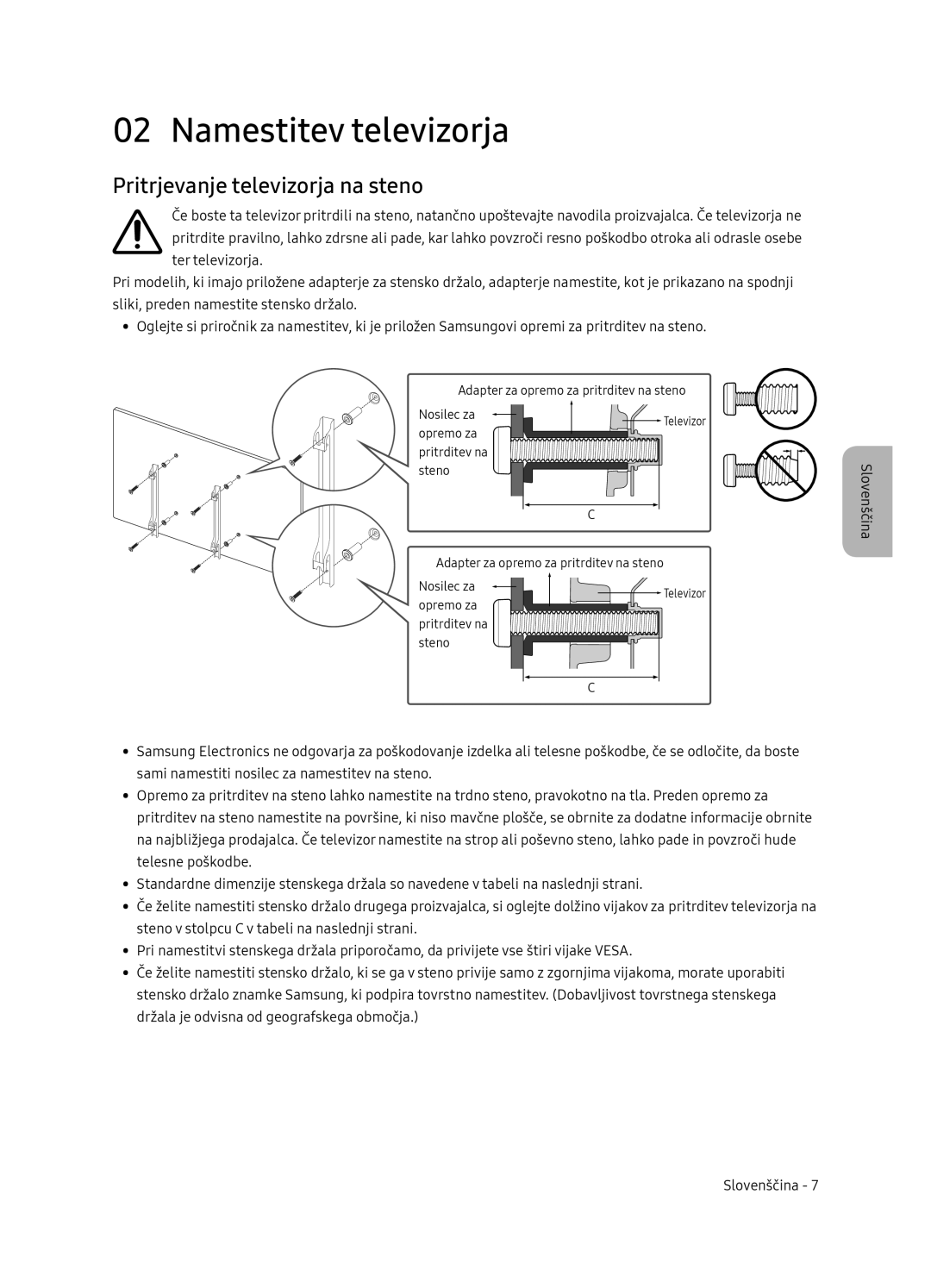 Samsung UE49NU8052TXXH, UE49NU8072TXXH, UE55NU8052TXXH manual Namestitev televizorja, Pritrjevanje televizorja na steno 