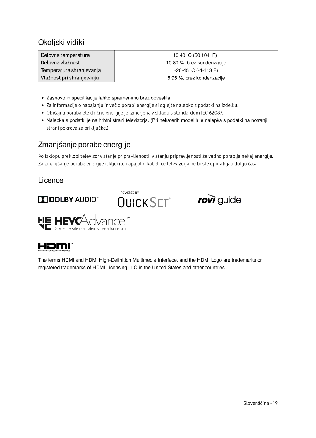 Samsung UE49NU8052TXXH, UE49NU8072TXXH, UE55NU8052TXXH, UE65NU8052TXXH manual Okoljski vidiki, Zmanjšanje porabe energije 