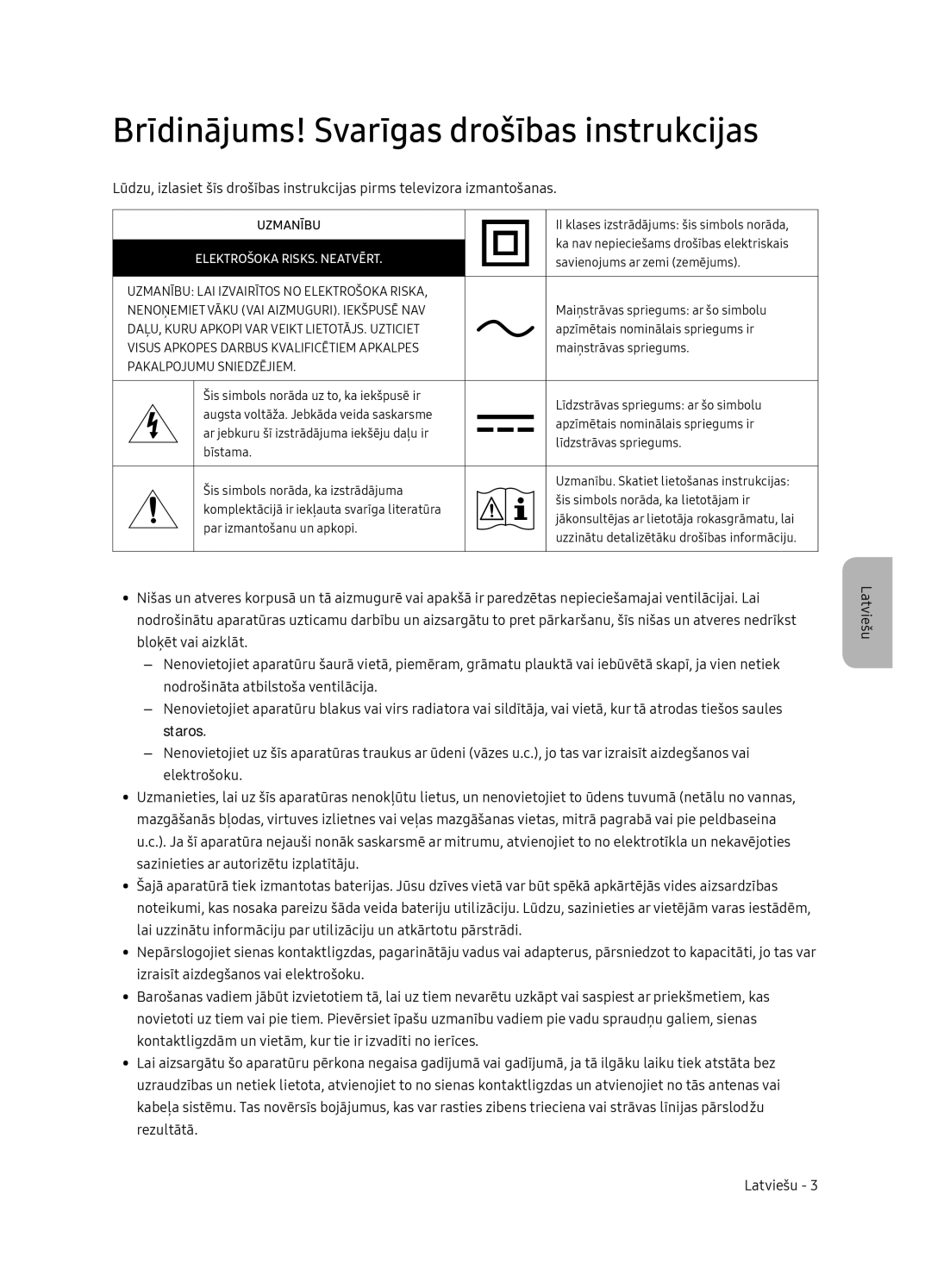 Samsung UE49NU8052TXXH, UE49NU8072TXXH manual Brīdinājums! Svarīgas drošības instrukcijas, Elektrošoka RISKS. Neatvērt 