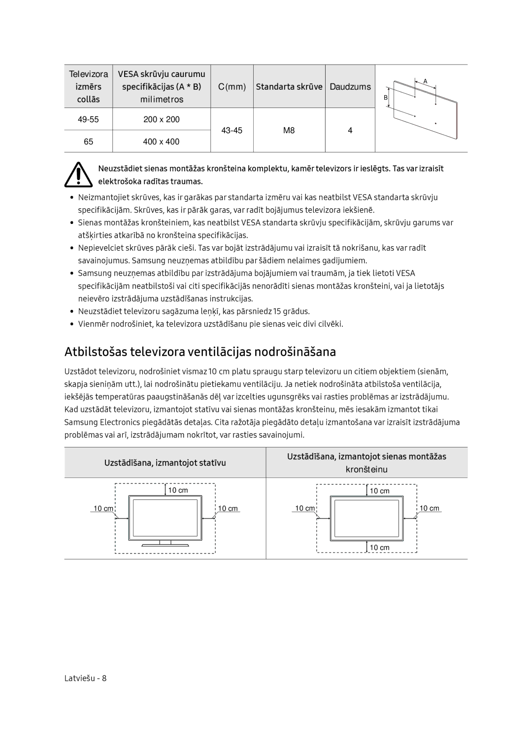 Samsung UE49NU8072TXXH manual Atbilstošas televizora ventilācijas nodrošināšana, Televizora, Izmērs Specifikācijas a * B 