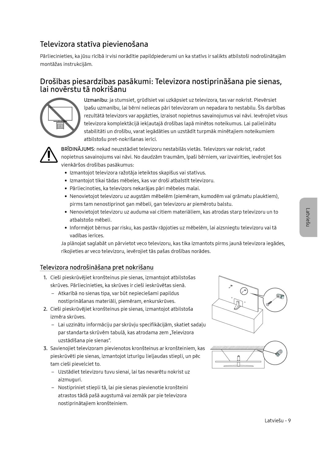 Samsung UE55NU8052TXXH, UE49NU8072TXXH manual Televizora statīva pievienošana, Televizora nodrošināšana pret nokrišanu 