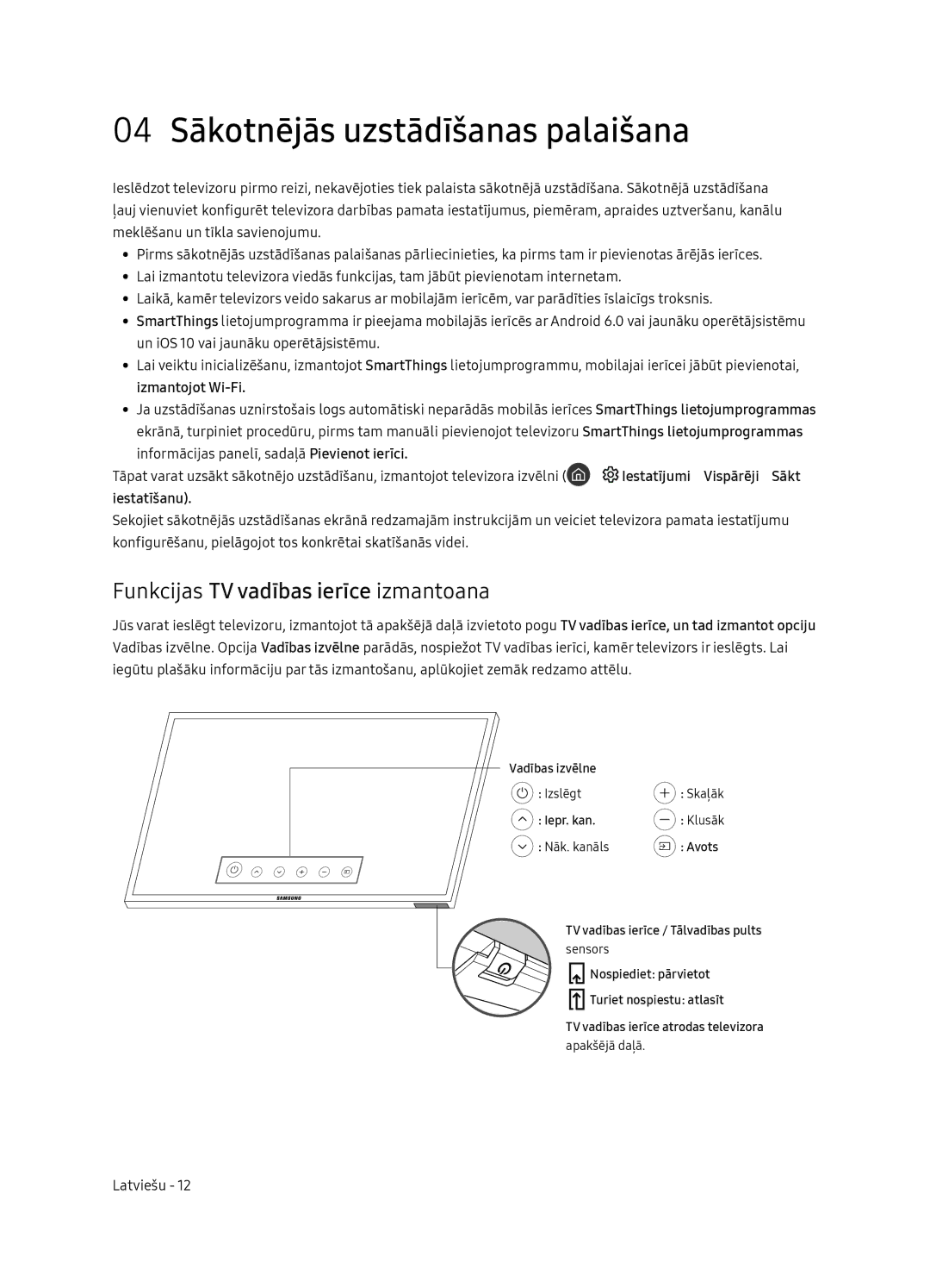 Samsung UE49NU8072TXXH manual 04 Sākotnējās uzstādīšanas palaišana, Funkcijas TV vadības ierīce izmantošana, Iestatīšanu 