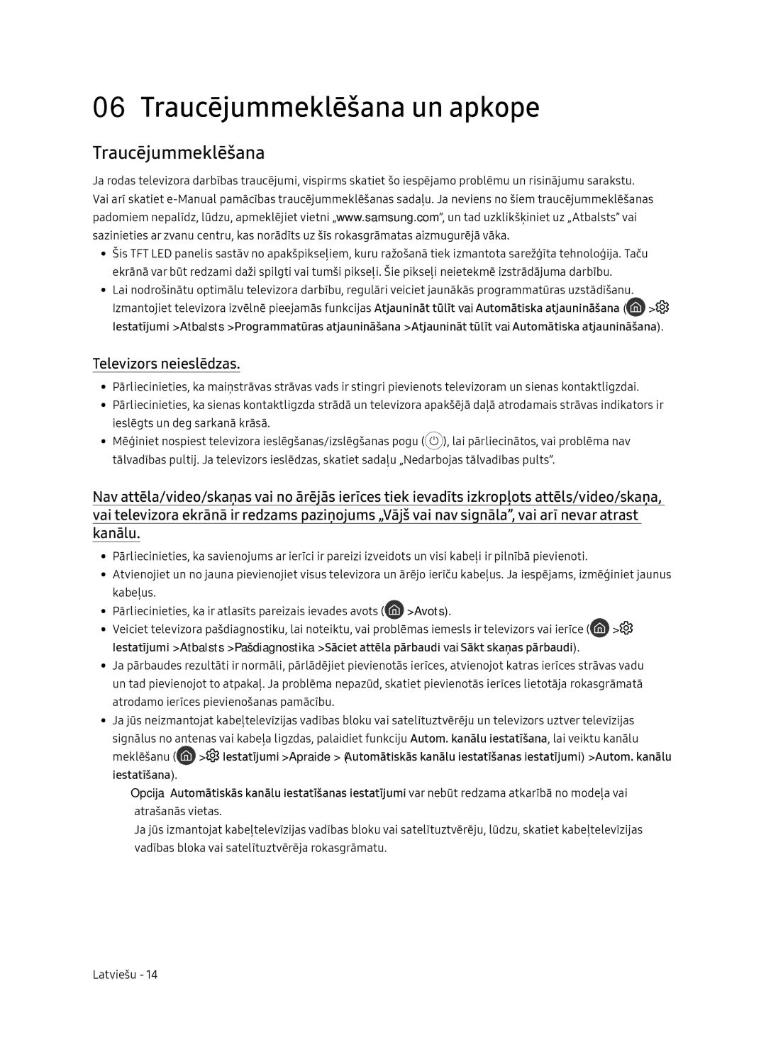 Samsung UE65NU8052TXXH, UE49NU8072TXXH manual Traucējummeklēšana un apkope, Televizors neieslēdzas, Avots, Meklēšanu 