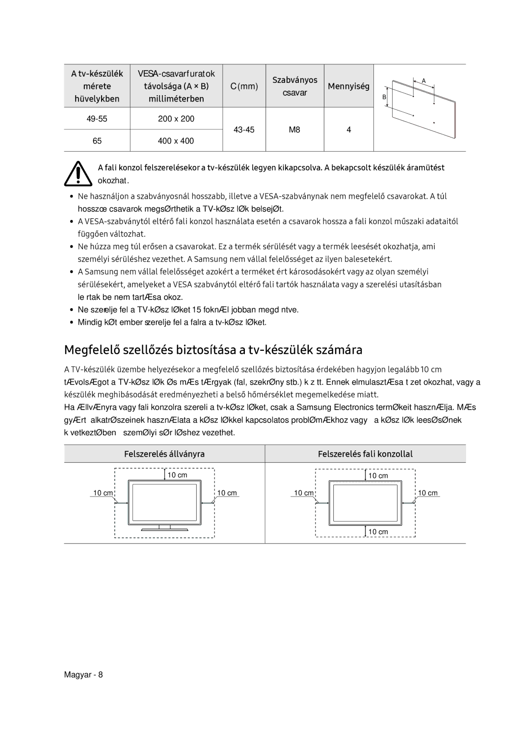 Samsung UE49NU8072TXXH manual Megfelelő szellőzés biztosítása a tv-készülék számára, 49-55 200 x 43-45 400 x, Okozhat 