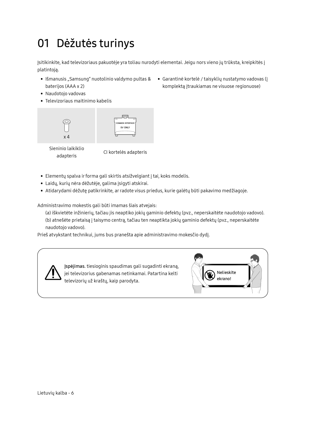 Samsung UE65NU8052TXXH, UE49NU8072TXXH, UE55NU8052TXXH, UE49NU8052TXXH manual 01 Dėžutės turinys 