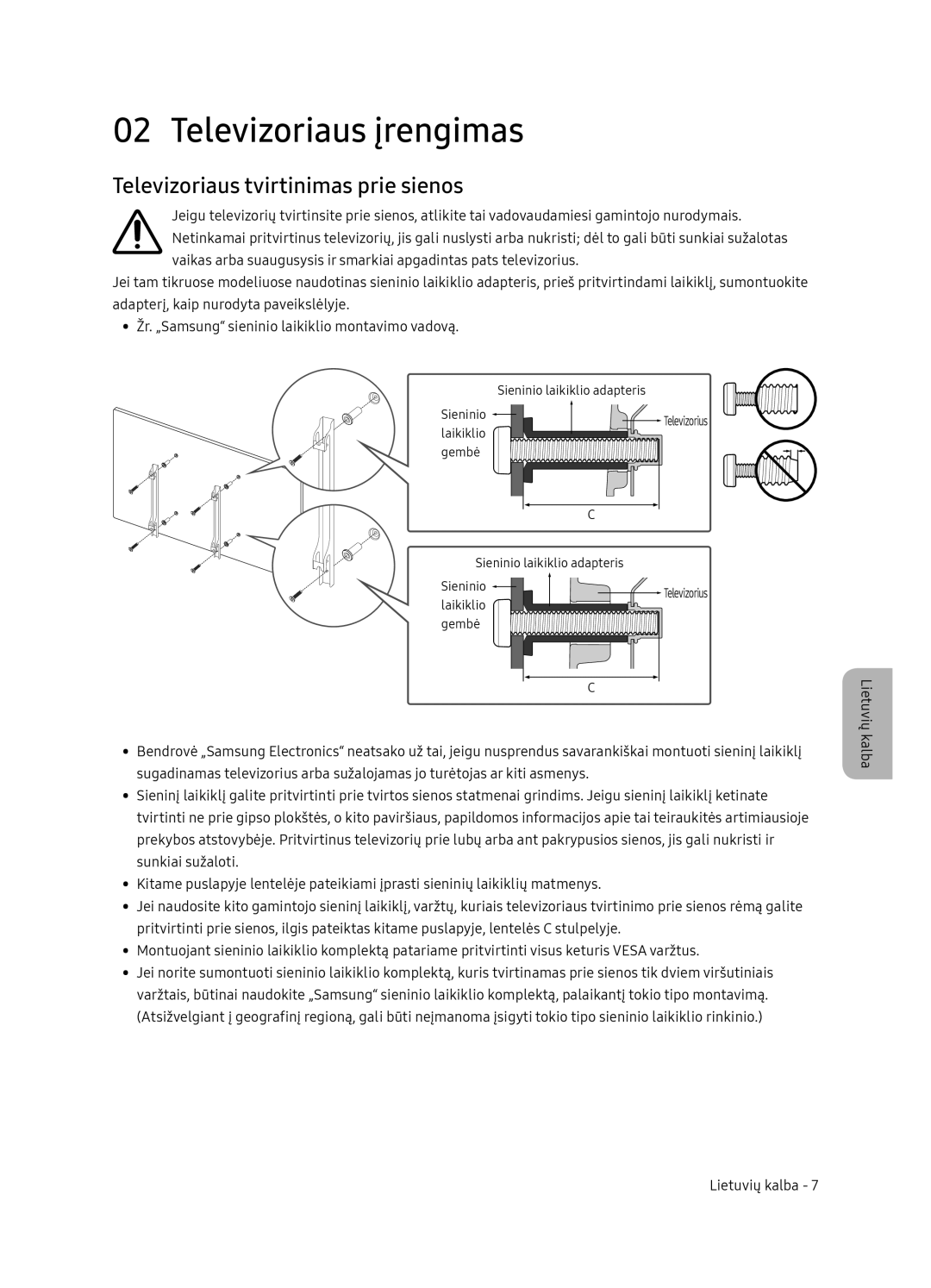 Samsung UE49NU8052TXXH, UE49NU8072TXXH, UE55NU8052TXXH manual Televizoriaus įrengimas, Televizoriaus tvirtinimas prie sienos 