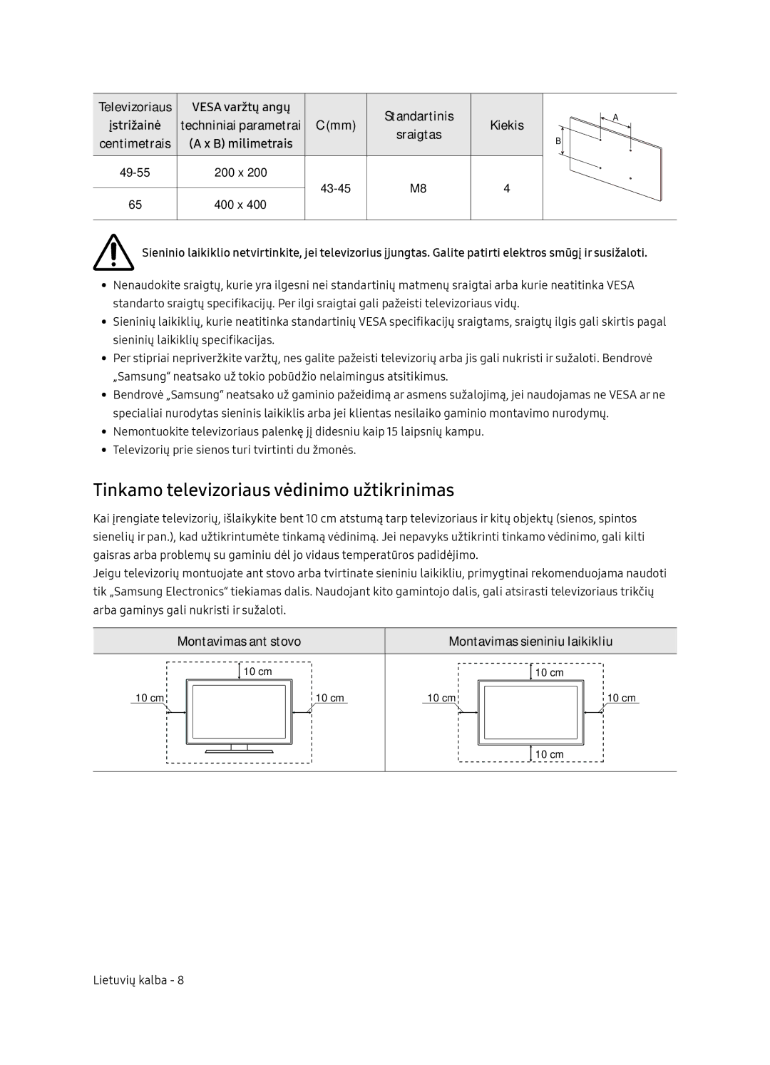 Samsung UE49NU8072TXXH, UE55NU8052TXXH manual Tinkamo televizoriaus vėdinimo užtikrinimas, Televizoriaus, Įstrižainė 