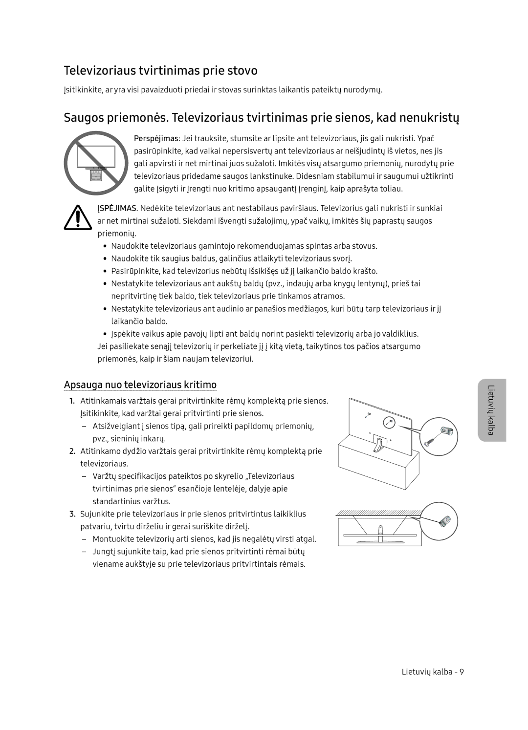 Samsung UE55NU8052TXXH, UE49NU8072TXXH manual Televizoriaus tvirtinimas prie stovo, Apsauga nuo televizoriaus kritimo 