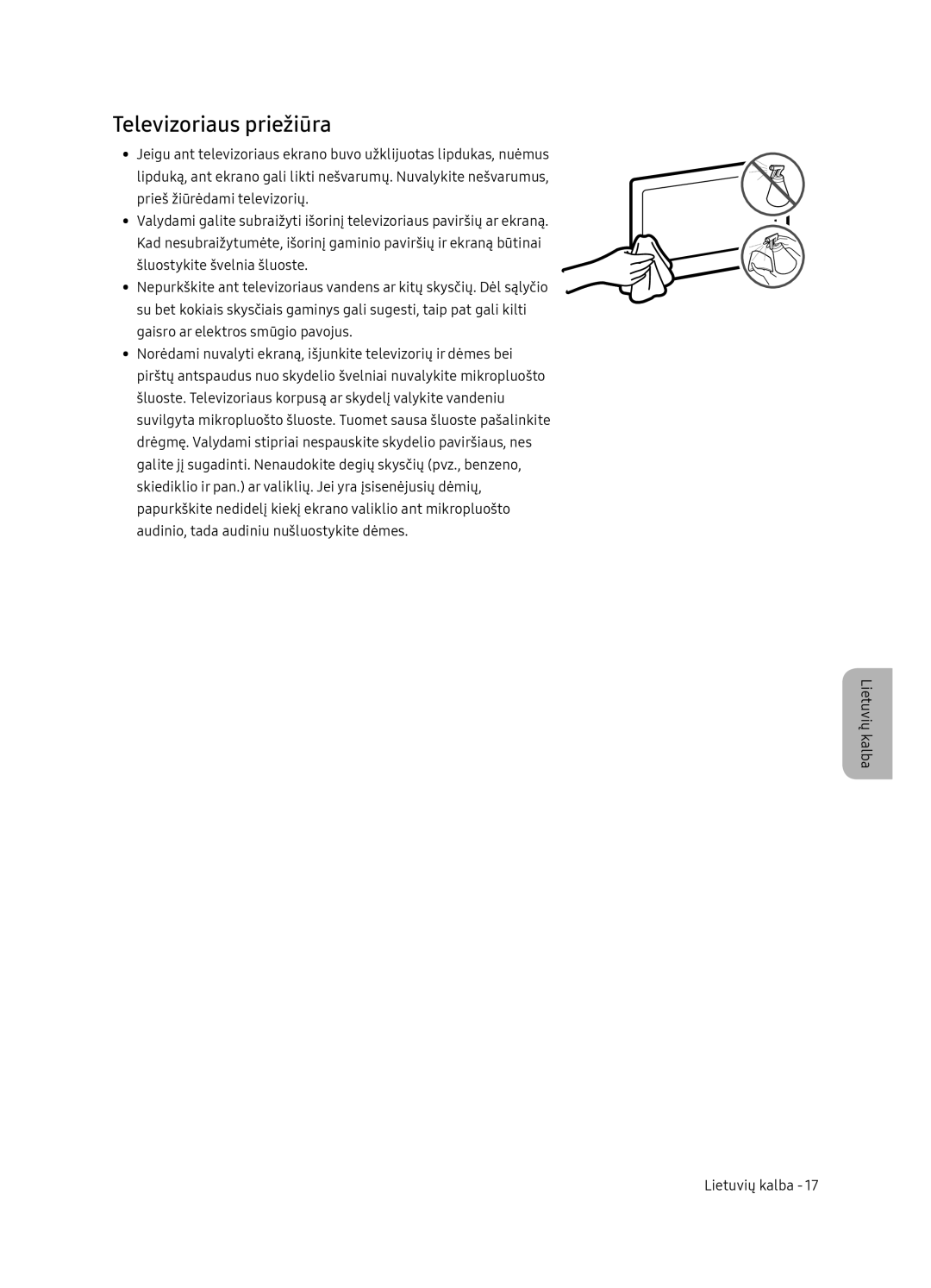 Samsung UE55NU8052TXXH, UE49NU8072TXXH, UE65NU8052TXXH, UE49NU8052TXXH manual Televizoriaus priežiūra 