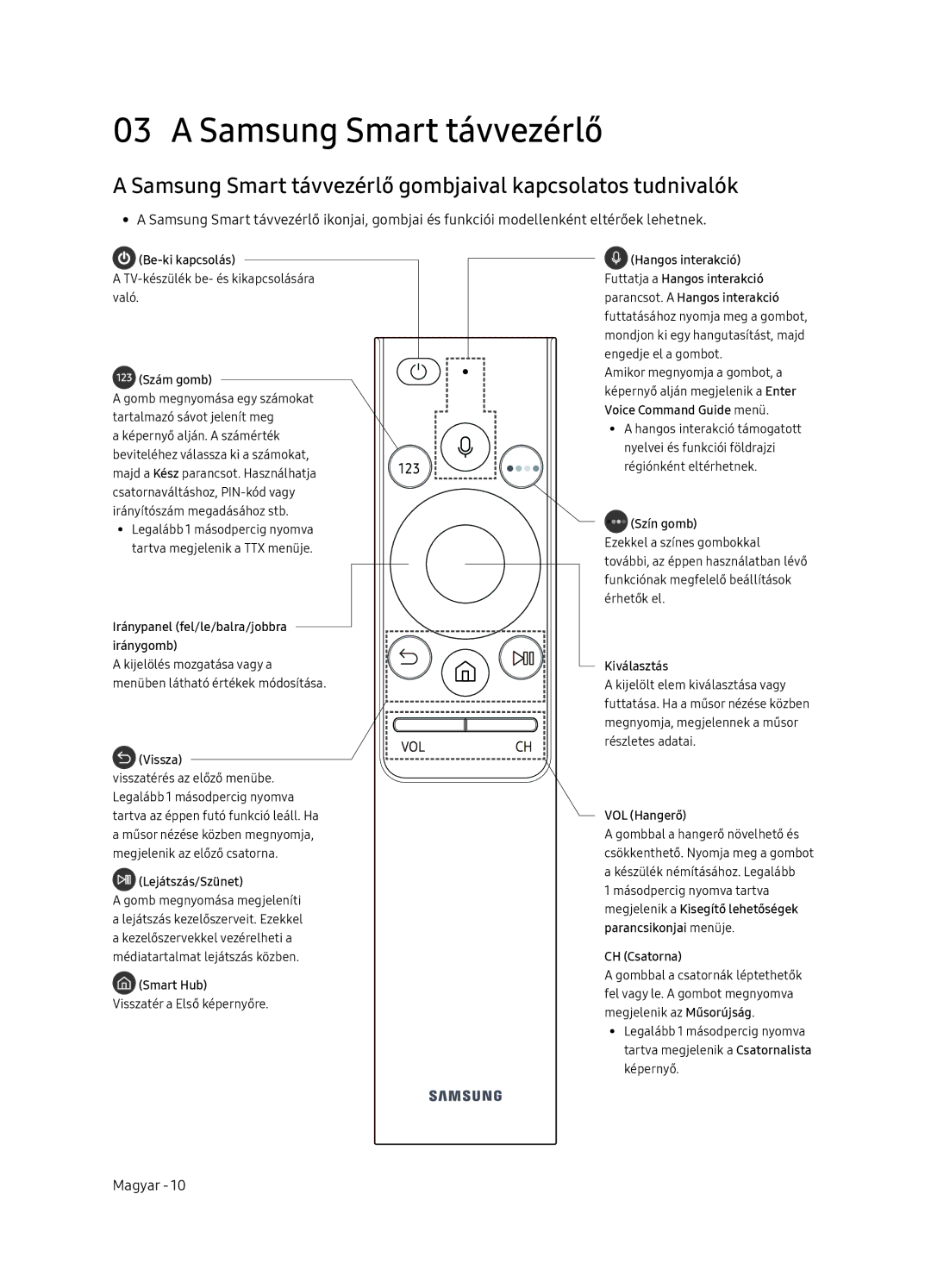 Samsung UE65NU8052TXXH, UE49NU8072TXXH, UE55NU8052TXXH manual Samsung Smart távvezérlő gombjaival kapcsolatos tudnivalók 