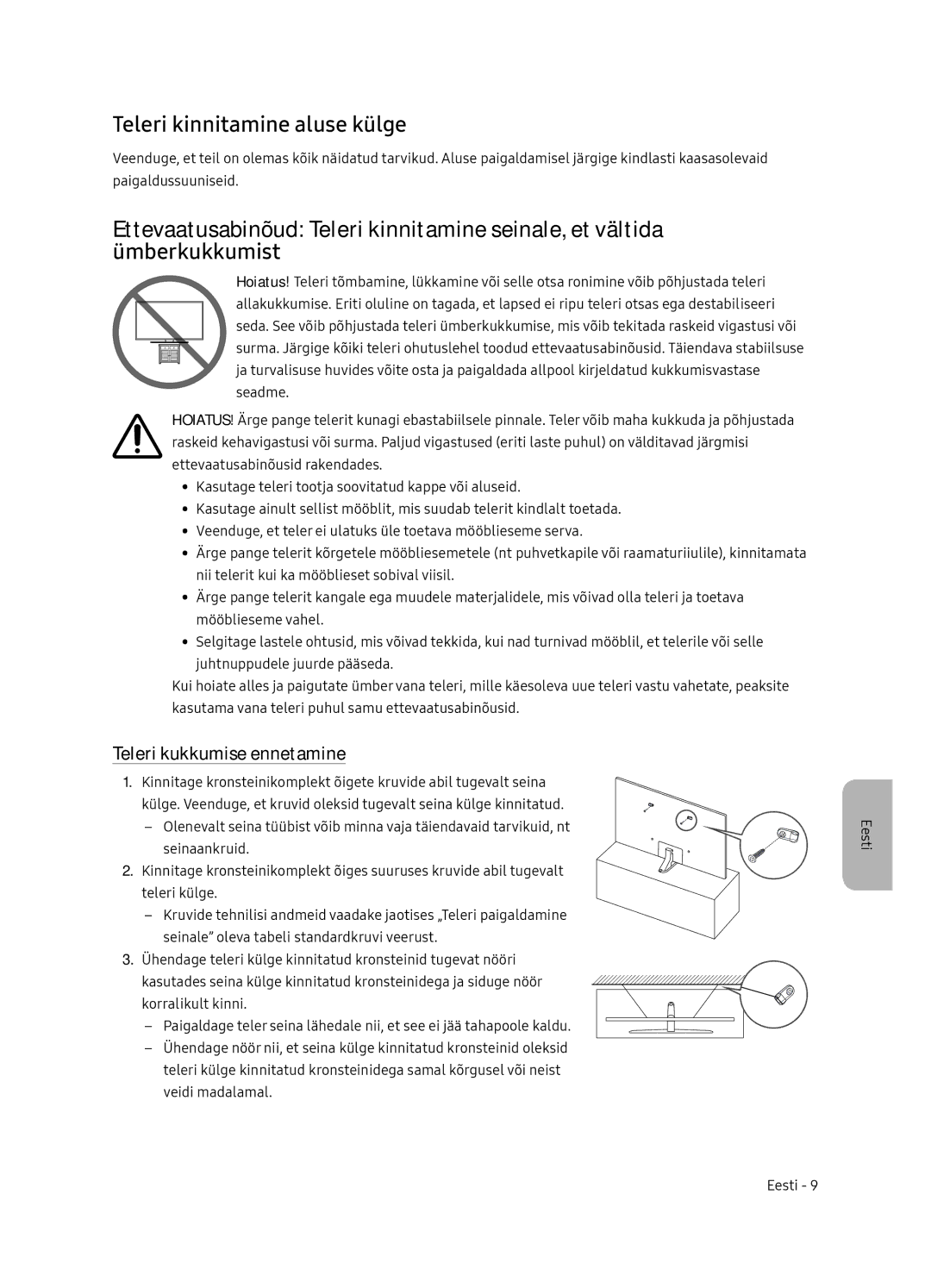 Samsung UE55NU8052TXXH, UE49NU8072TXXH, UE65NU8052TXXH manual Teleri kinnitamine aluse külge, Teleri kukkumise ennetamine 