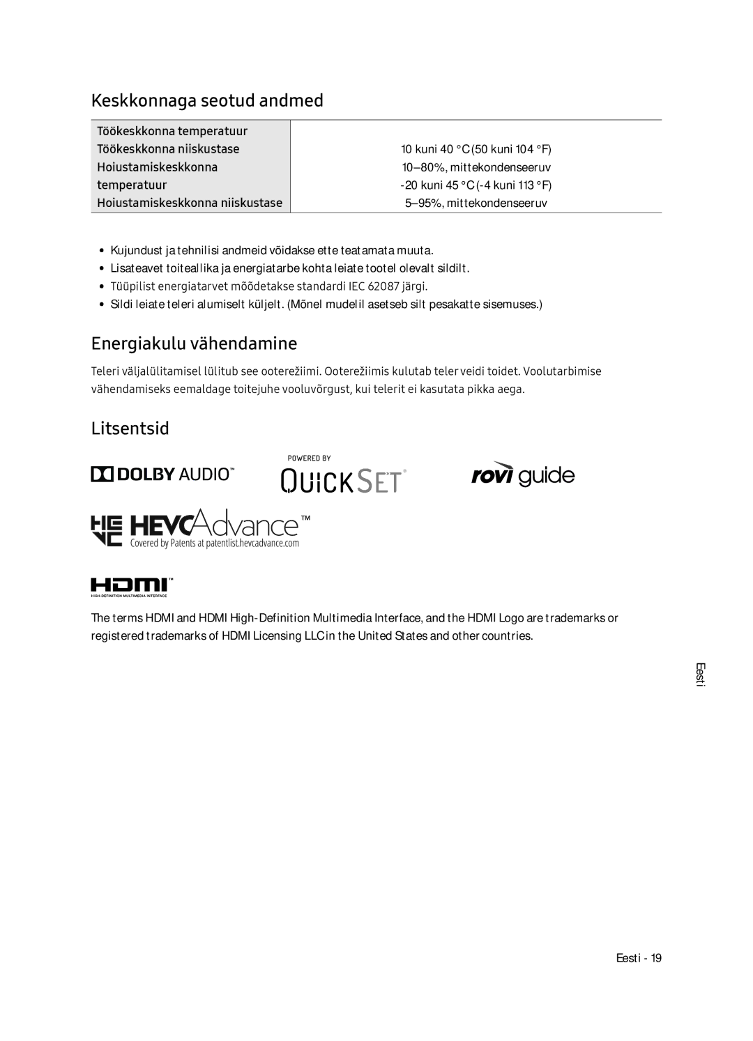 Samsung UE49NU8052TXXH, UE49NU8072TXXH, UE55NU8052TXXH manual Keskkonnaga seotud andmed, Energiakulu vähendamine, Litsentsid 