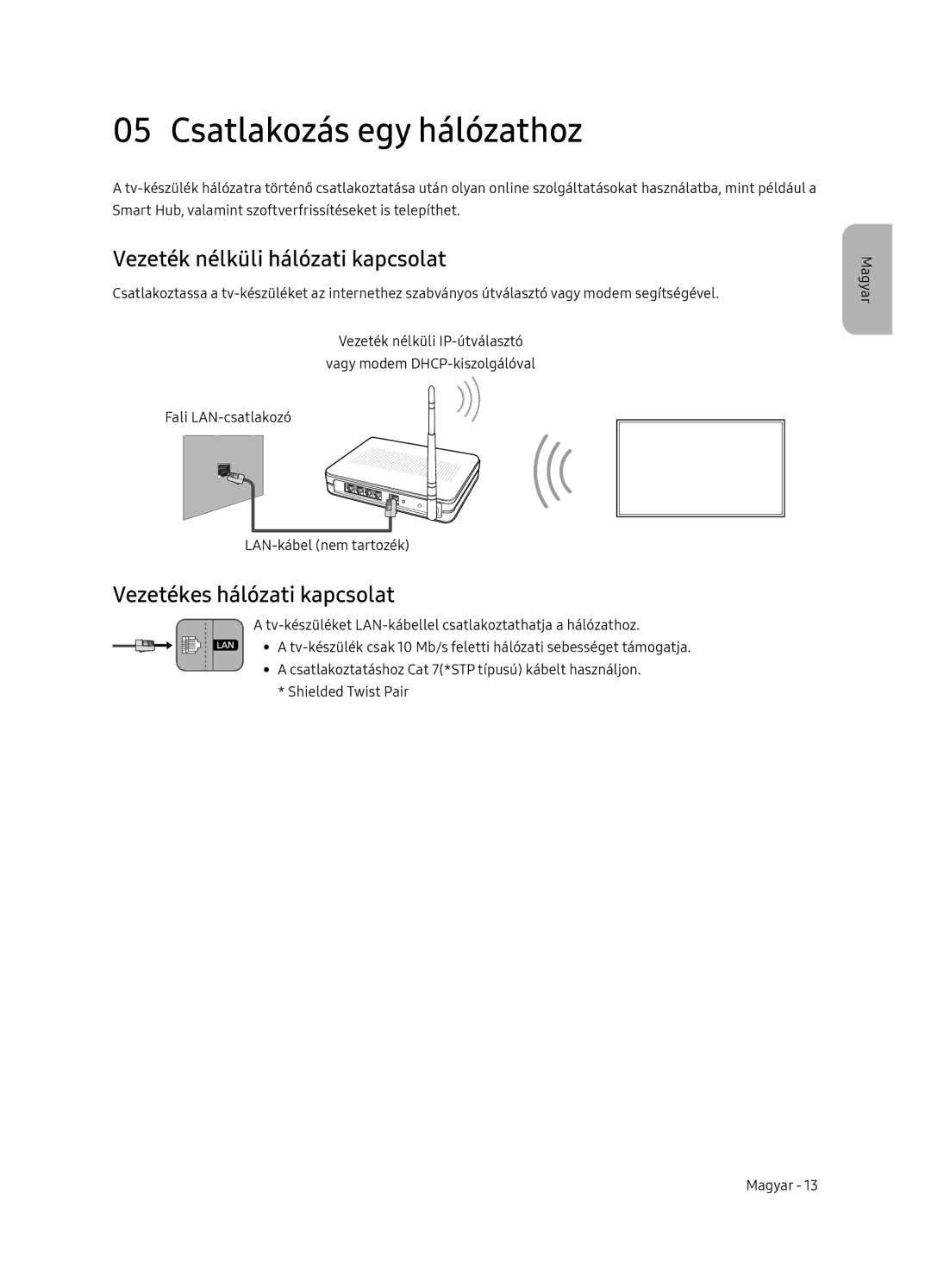 Samsung UE55NU8052TXXH manual Csatlakozás egy hálózathoz, Vezeték nélküli hálózati kapcsolat, Vezetékes hálózati kapcsolat 