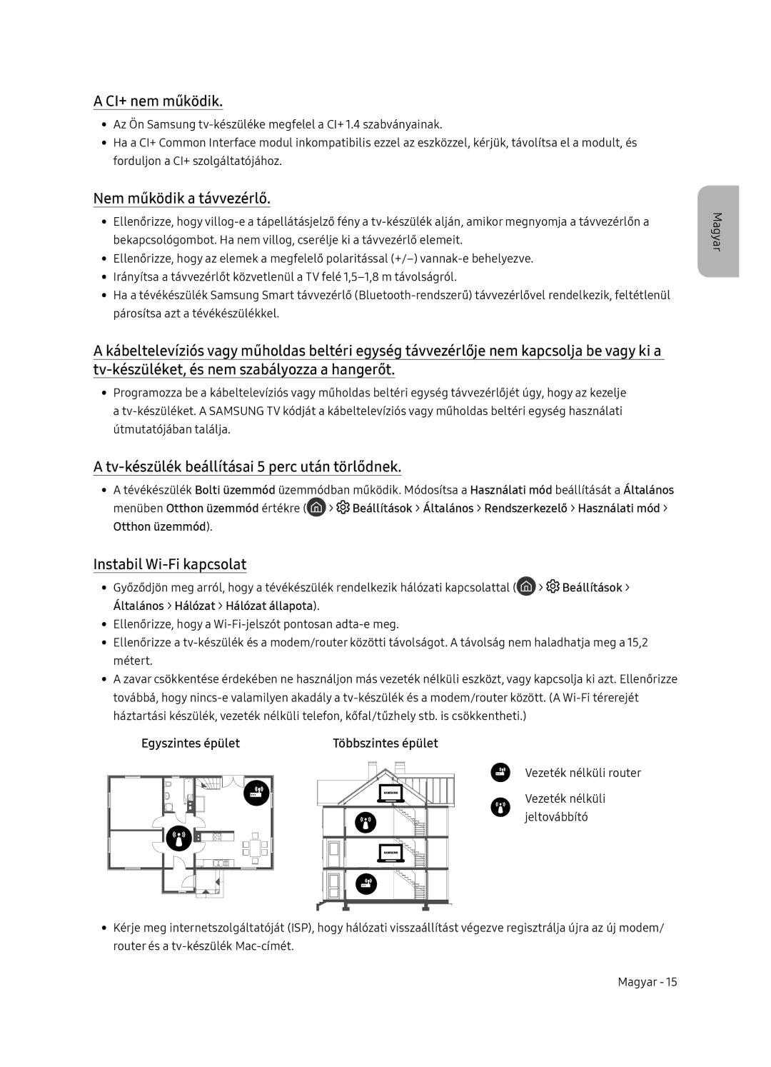 Samsung UE49NU8052TXXH manual CI+ nem működik, Nem működik a távvezérlő, Tv-készülék beállításai 5 perc után törlődnek 