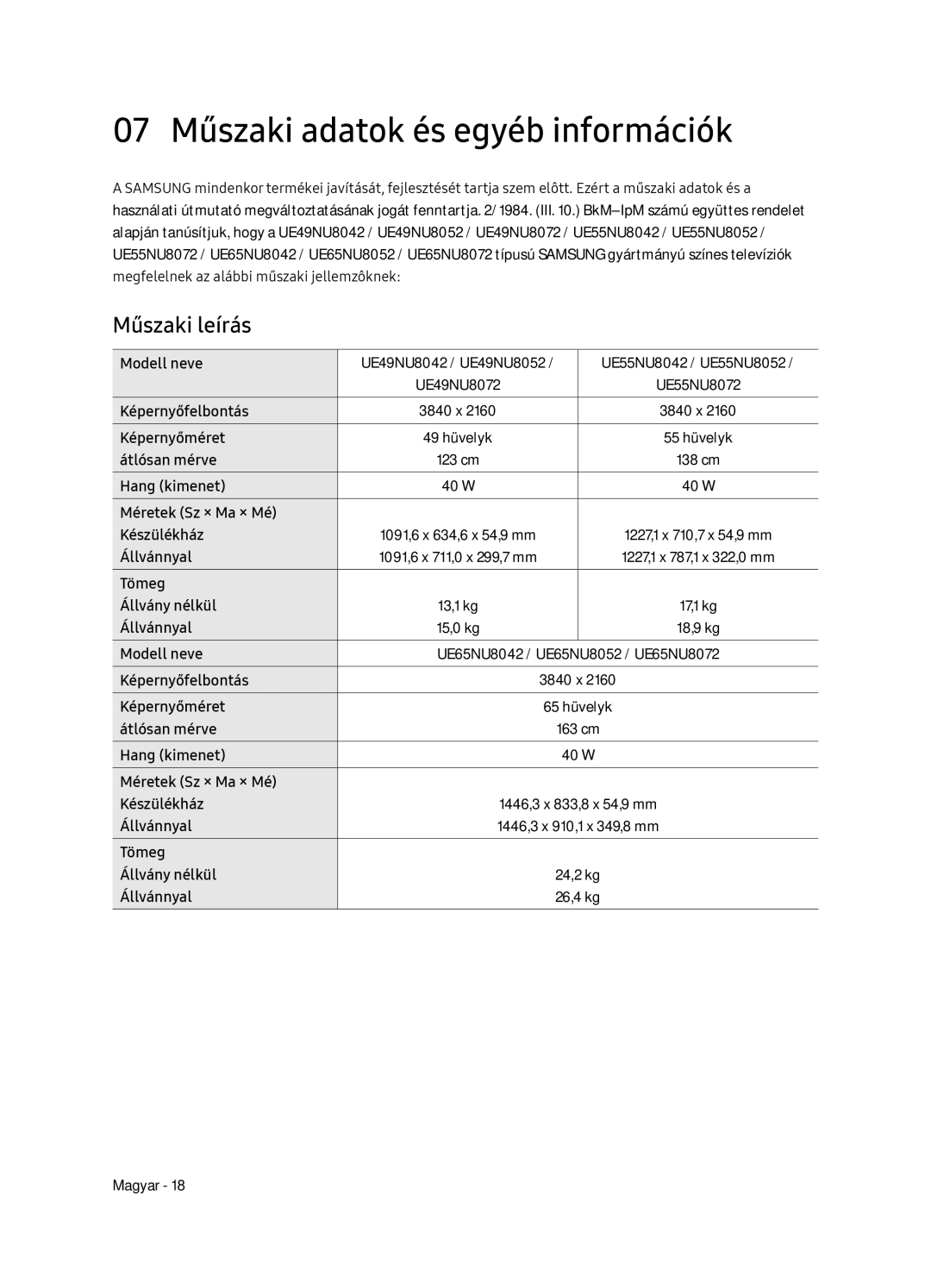 Samsung UE65NU8052TXXH, UE49NU8072TXXH, UE55NU8052TXXH manual 07 Műszaki adatok és egyéb információk, Műszaki leírás 