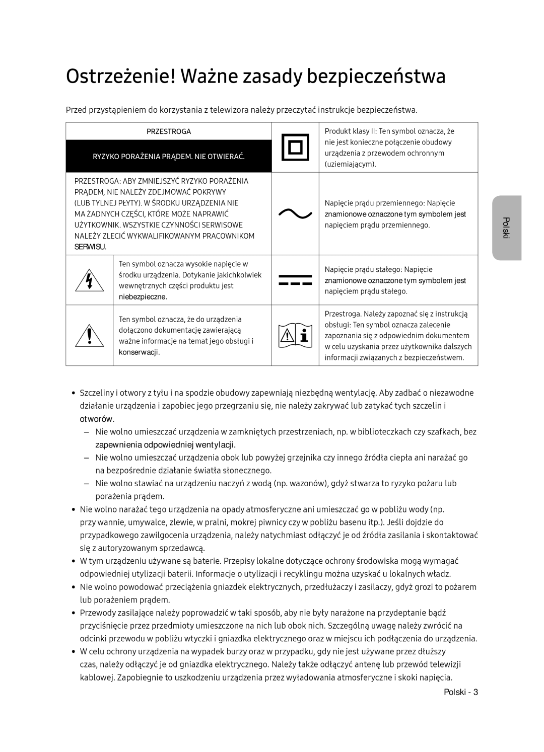 Samsung UE49NU8052TXXH, UE49NU8072TXXH Ostrzeżenie! Ważne zasady bezpieczeństwa, Ryzyko Porażenia PRĄDEM. NIE Otwierać 