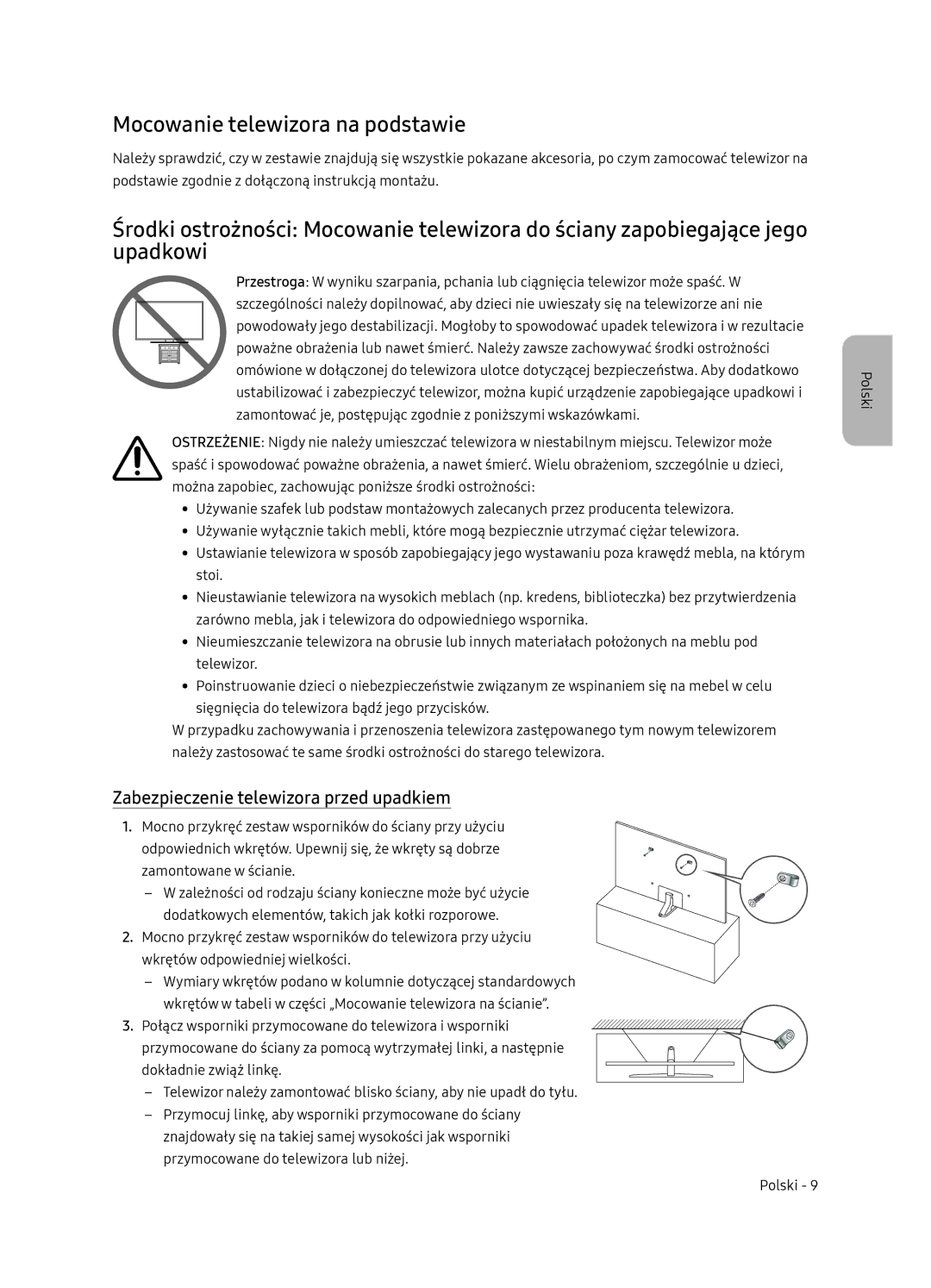 Samsung UE55NU8052TXXH, UE49NU8072TXXH manual Mocowanie telewizora na podstawie, Zabezpieczenie telewizora przed upadkiem 