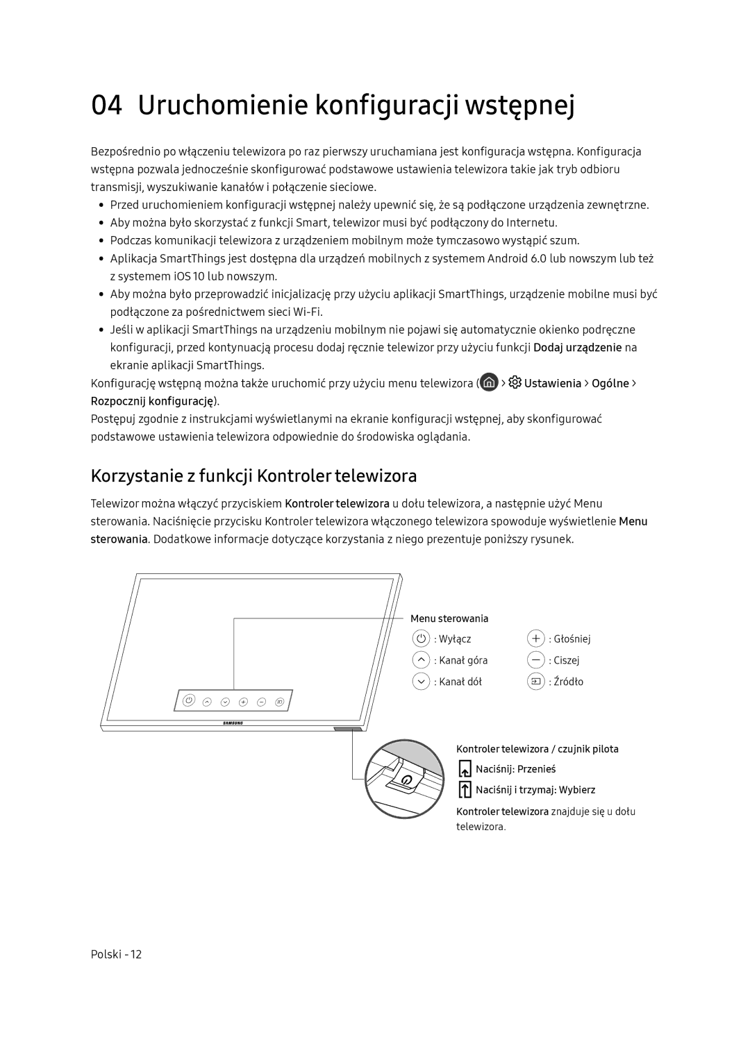 Samsung UE49NU8072TXXH, UE55NU8052TXXH manual Uruchomienie konfiguracji wstępnej, Korzystanie z funkcji Kontroler telewizora 