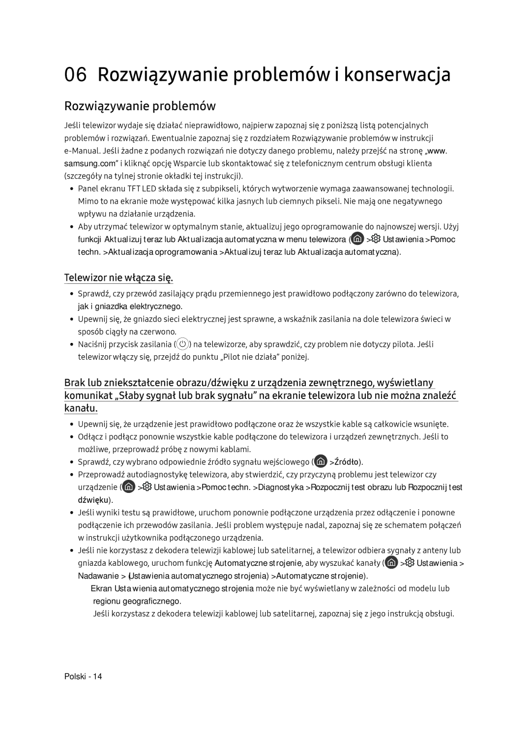 Samsung UE65NU8052TXXH, UE49NU8072TXXH, UE55NU8052TXXH manual Rozwiązywanie problemów i konserwacja, Telewizor nie włącza się 