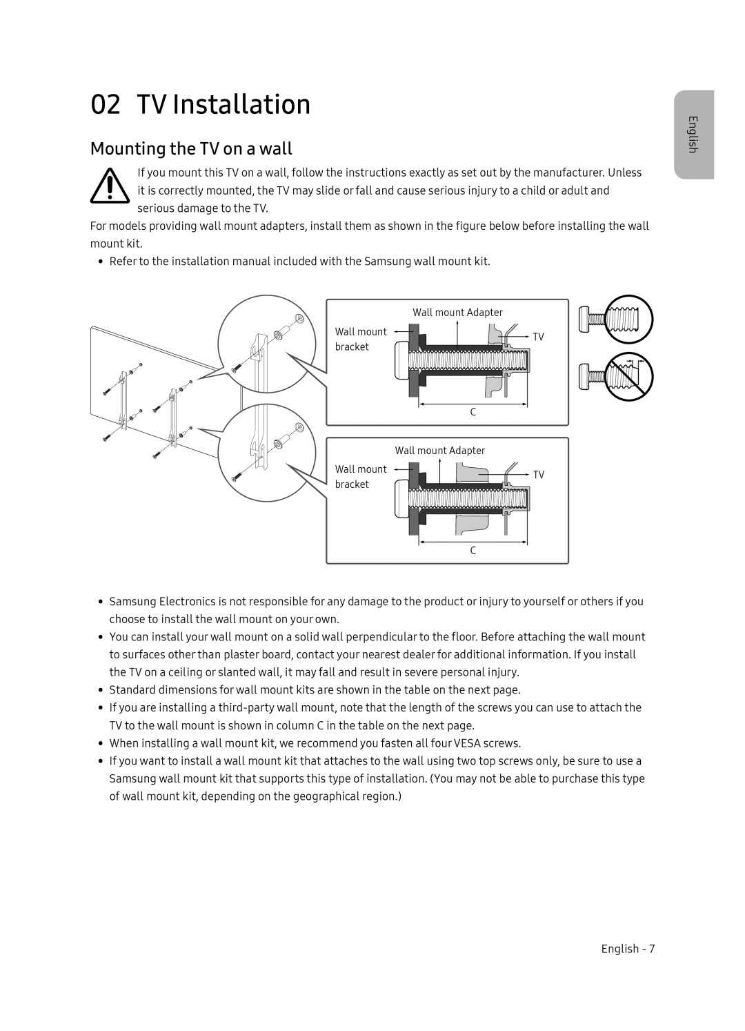 Samsung UE49NU8052TXXH, UE49NU8072TXXH, UE55NU8052TXXH, UE65NU8052TXXH manual TV Installation, Mounting the TV on a wall 