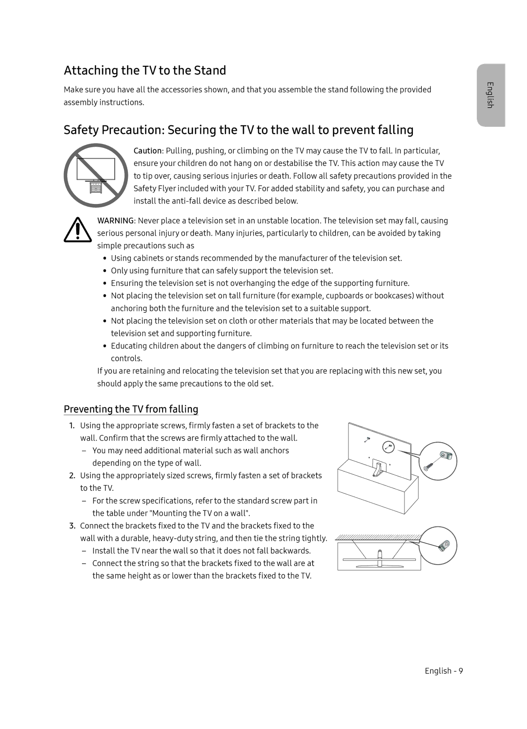 Samsung UE55NU8052TXXH, UE49NU8072TXXH, UE65NU8052TXXH manual Attaching the TV to the Stand, Preventing the TV from falling 