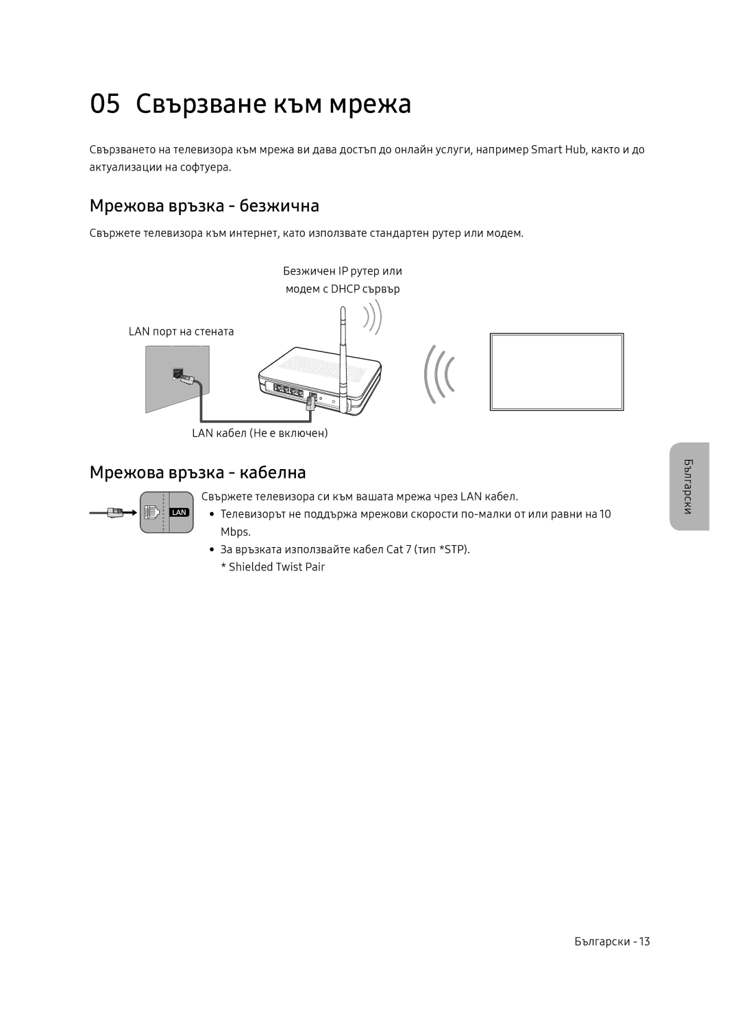 Samsung UE55NU8052TXXH, UE49NU8072TXXH manual 05 Свързване към мрежа, Мрежова връзка безжична, Мрежова връзка кабелна 