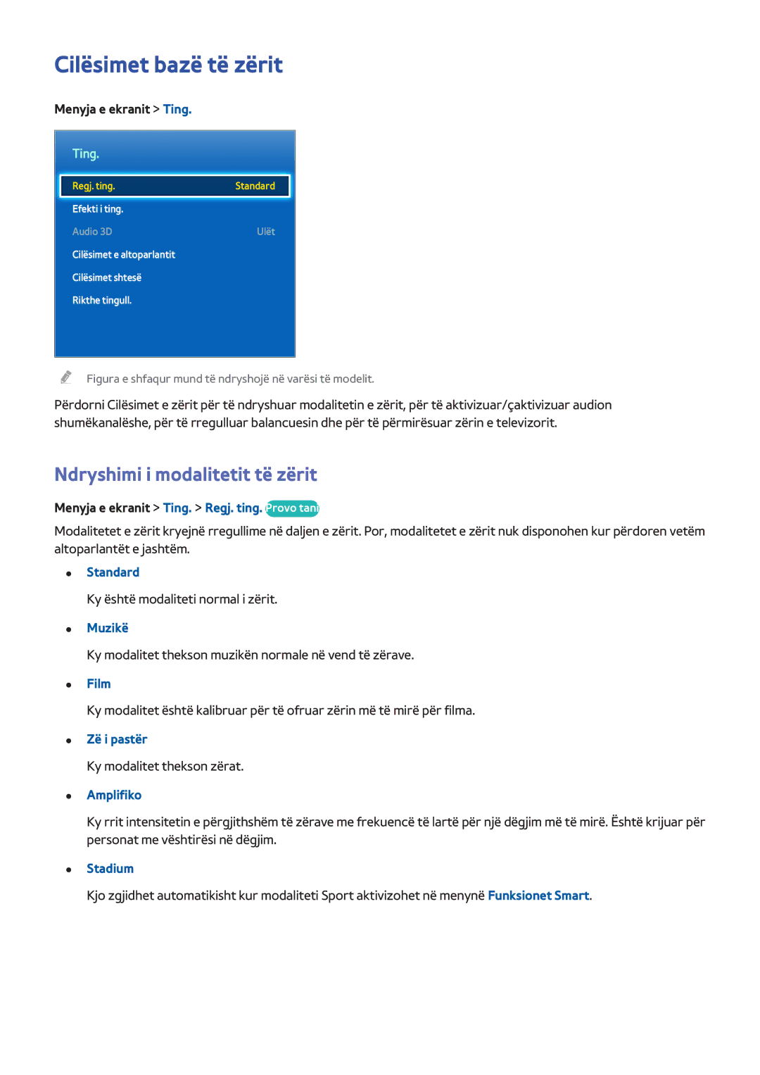 Samsung UE46F6800SBXXH, UE50F6400AKXXH, UE32F5300AWXXH manual Cilësimet bazë të zërit, Ndryshimi i modalitetit të zërit 