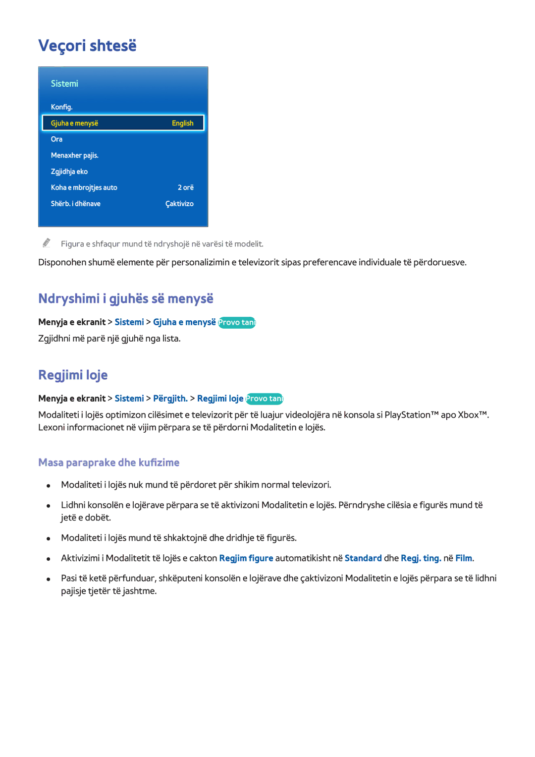 Samsung UE46F6500SBXXH manual Veçori shtesë, Ndryshimi i gjuhës së menysë, Regjimi loje, Masa paraprake dhe kufizime 