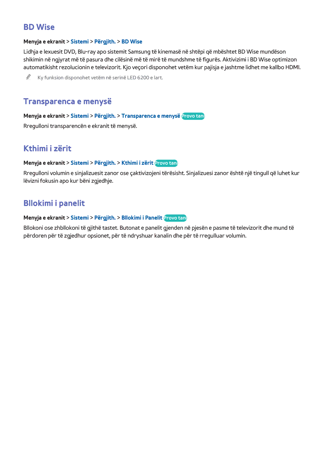 Samsung UE50F6200AWXXH, UE50F6400AKXXH, UE32F5300AWXXH BD Wise, Transparenca e menysë, Kthimi i zërit, Bllokimi i panelit 