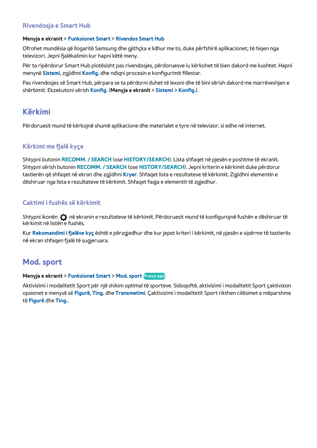 Samsung UE39F5300AWXXH manual Mod. sport, Rivendosja e Smart Hub, Kërkimi me fjalë kyçe, Caktimi i fushës së kërkimit 