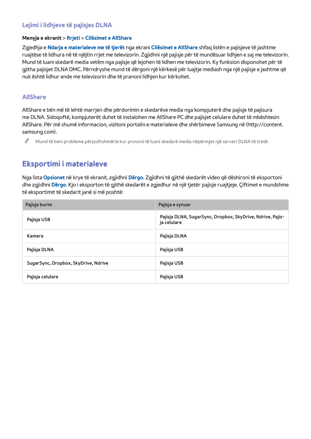 Samsung UE32F6400AKXXH, UE50F6400AKXXH manual Eksportimi i materialeve, Lejimi i lidhjeve të pajisjes Dlna, AllShare 
