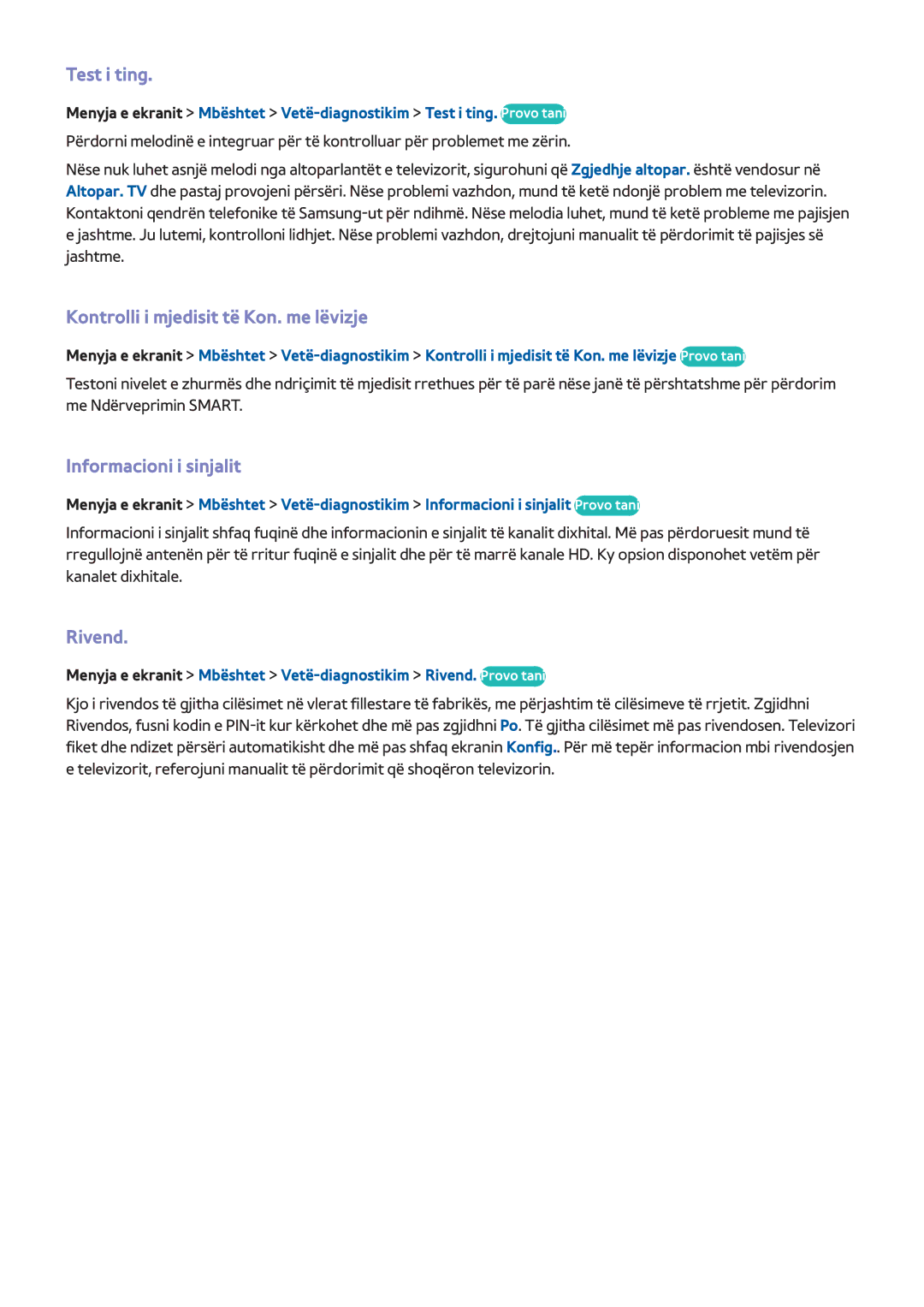 Samsung UE40F6200AWXXH manual Test i ting, Kontrolli i mjedisit të Kon. me lëvizje, Informacioni i sinjalit, Rivend 