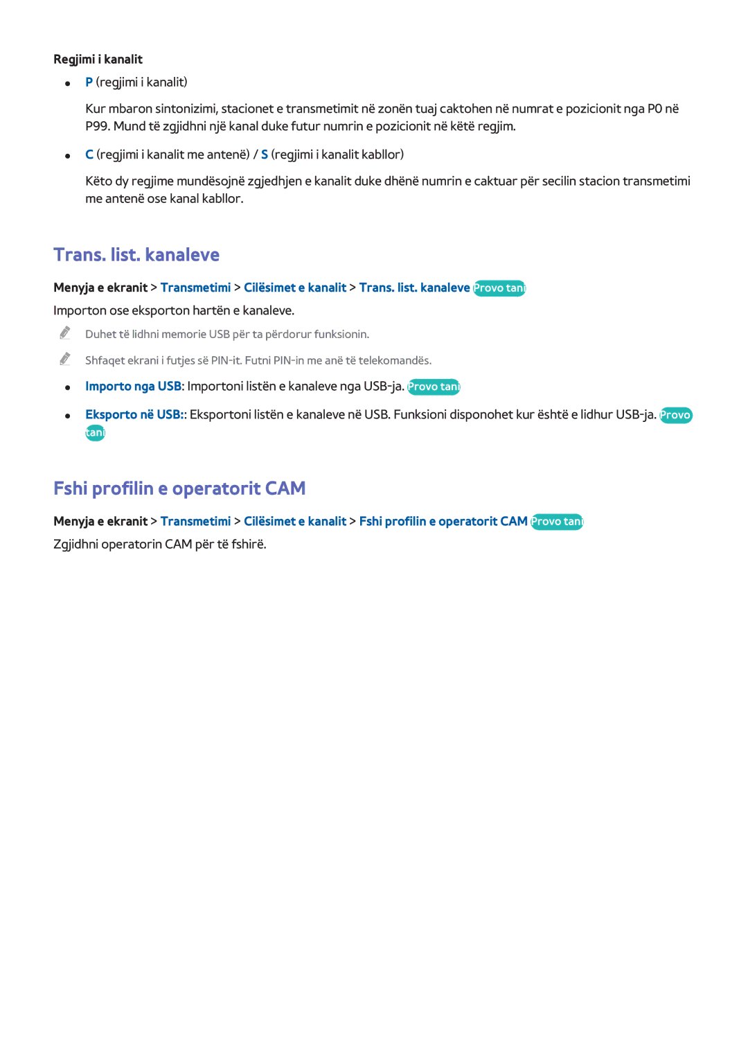 Samsung UE32F6400AKXXH, UE50F6400AKXXH manual Trans. list. kanaleve, Fshi profilin e operatorit CAM, Regjimi i kanalit 