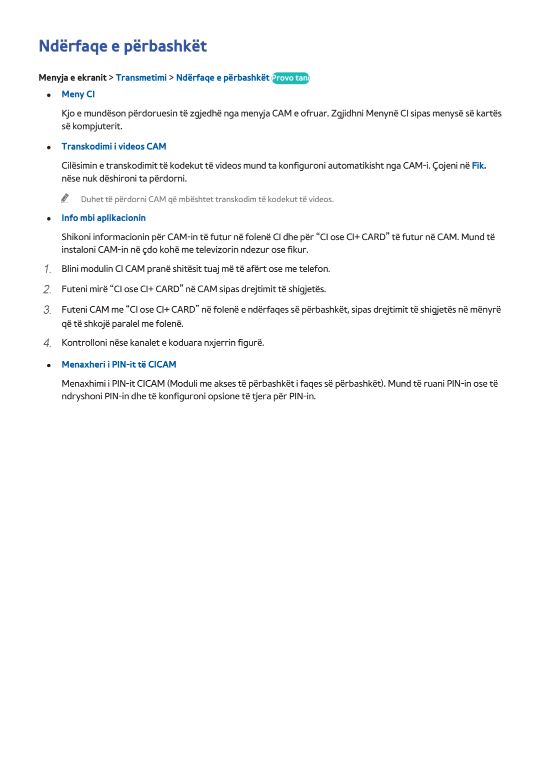 Samsung UE46F6510SBXXH Ndërfaqe e përbashkët, Transkodimi i videos CAM, Info mbi aplikacionin, Menaxheri i PIN-it të Cicam 