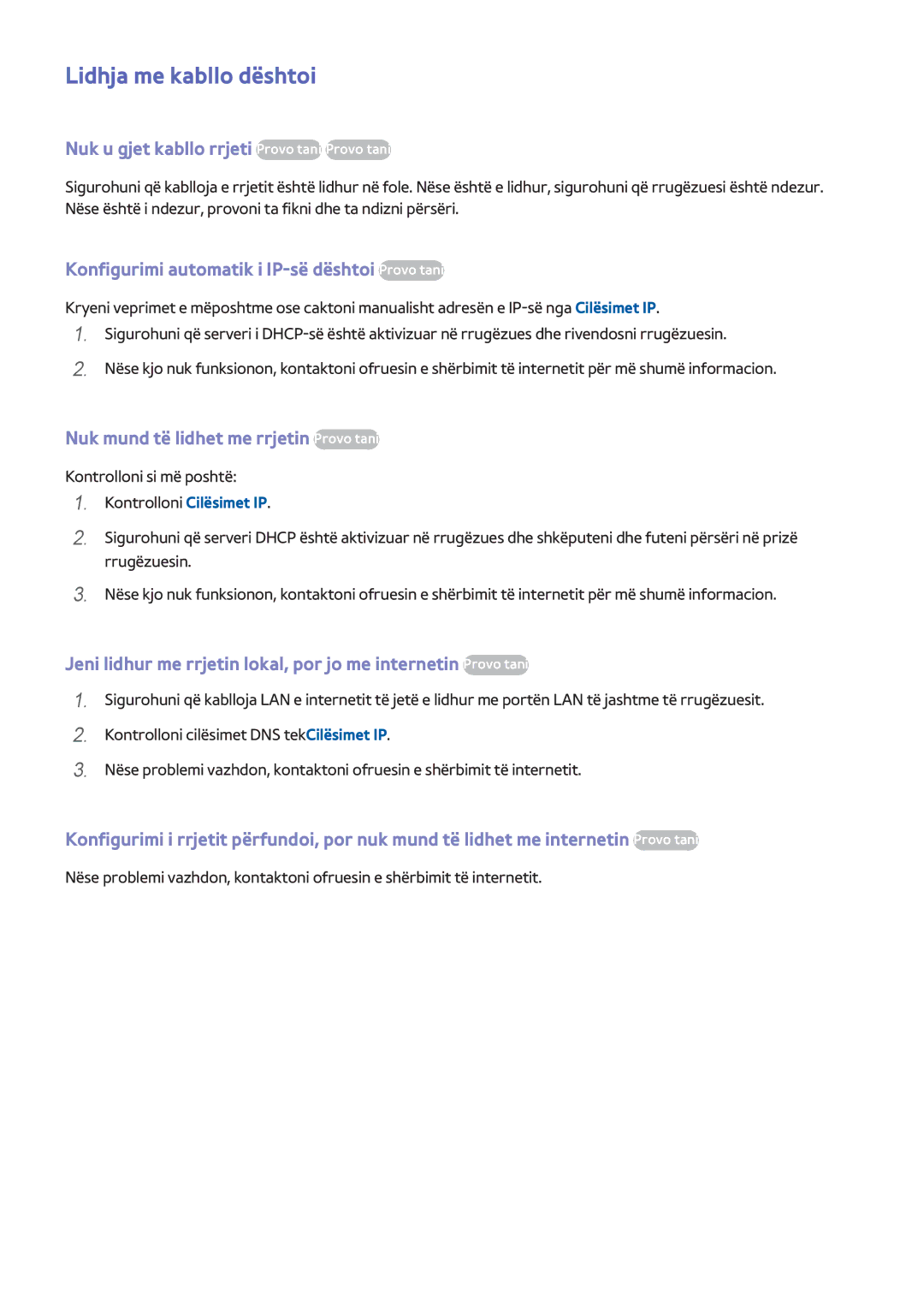 Samsung UE50F6400AKXXH, UE32F5300AWXXH manual Lidhja me kabllo dështoi, Nuk u gjet kabllo rrjeti Provo tani Provo tani 