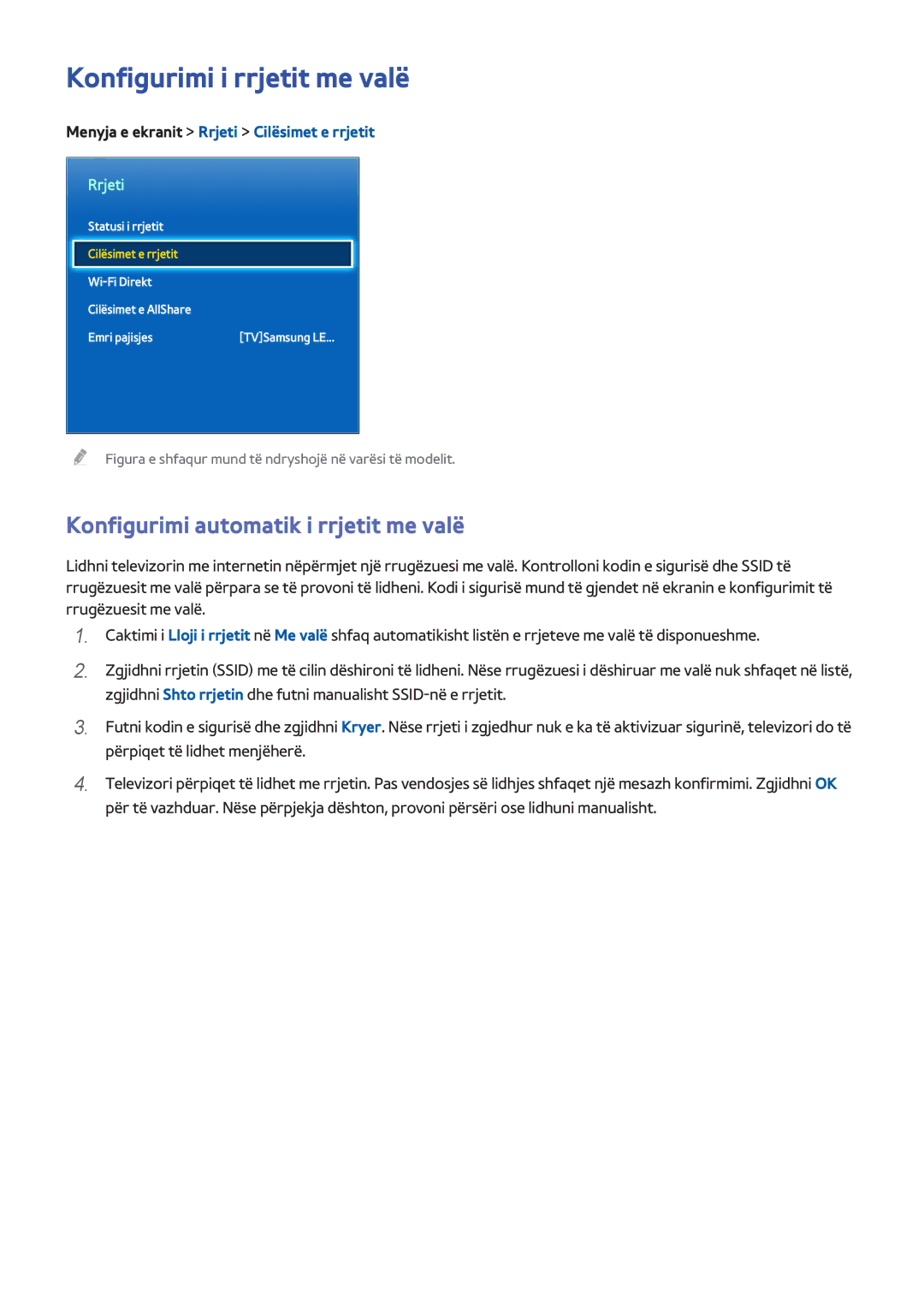 Samsung UE32F5300AWXXH, UE50F6400AKXXH manual Konfigurimi i rrjetit me valë, Konfigurimi automatik i rrjetit me valë 