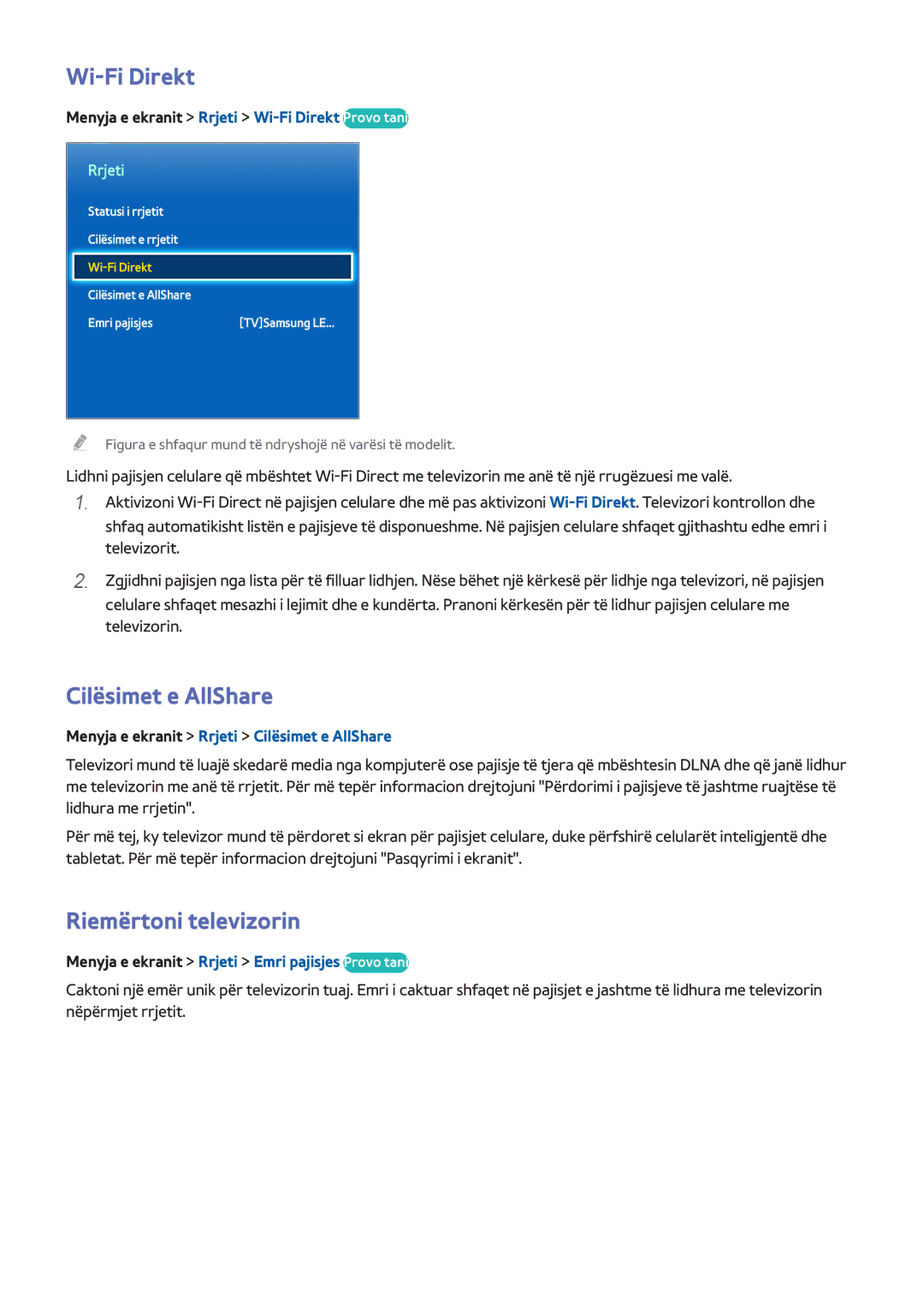 Samsung UE40F6400AKXXH, UE50F6400AKXXH, UE32F5300AWXXH manual Wi-Fi Direkt, Cilësimet e AllShare, Riemërtoni televizorin 