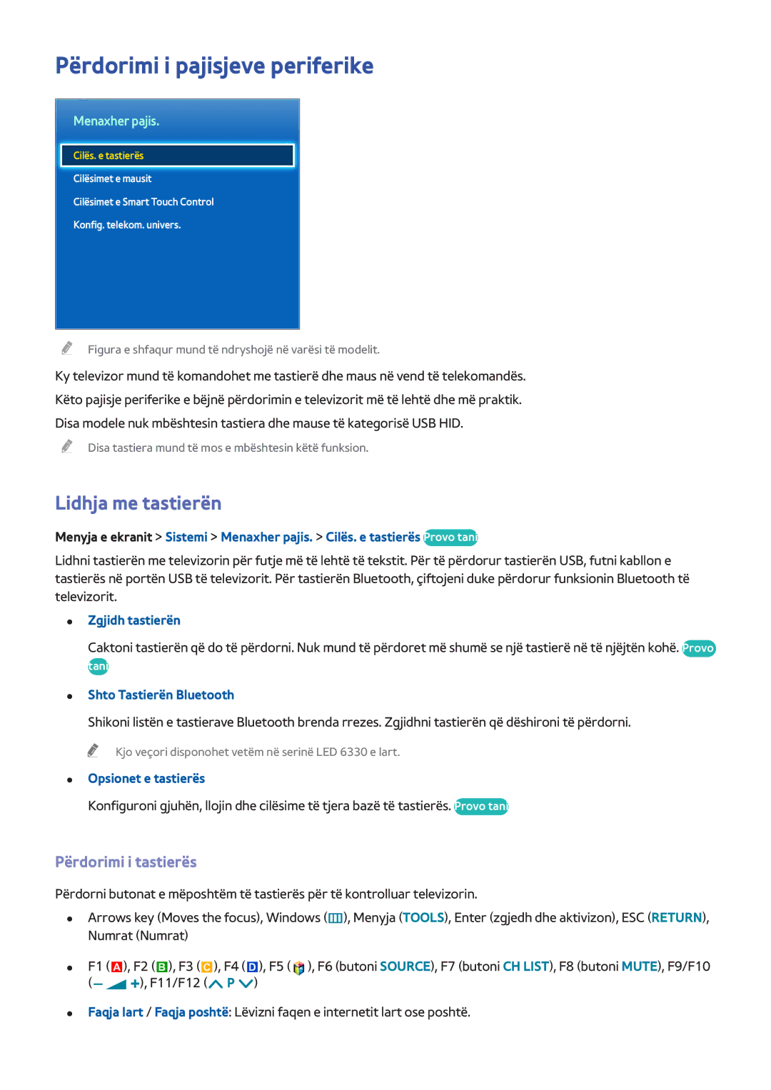 Samsung UE32F6510SBXXH, UE50F6400AKXXH manual Përdorimi i pajisjeve periferike, Lidhja me tastierën, Përdorimi i tastierës 