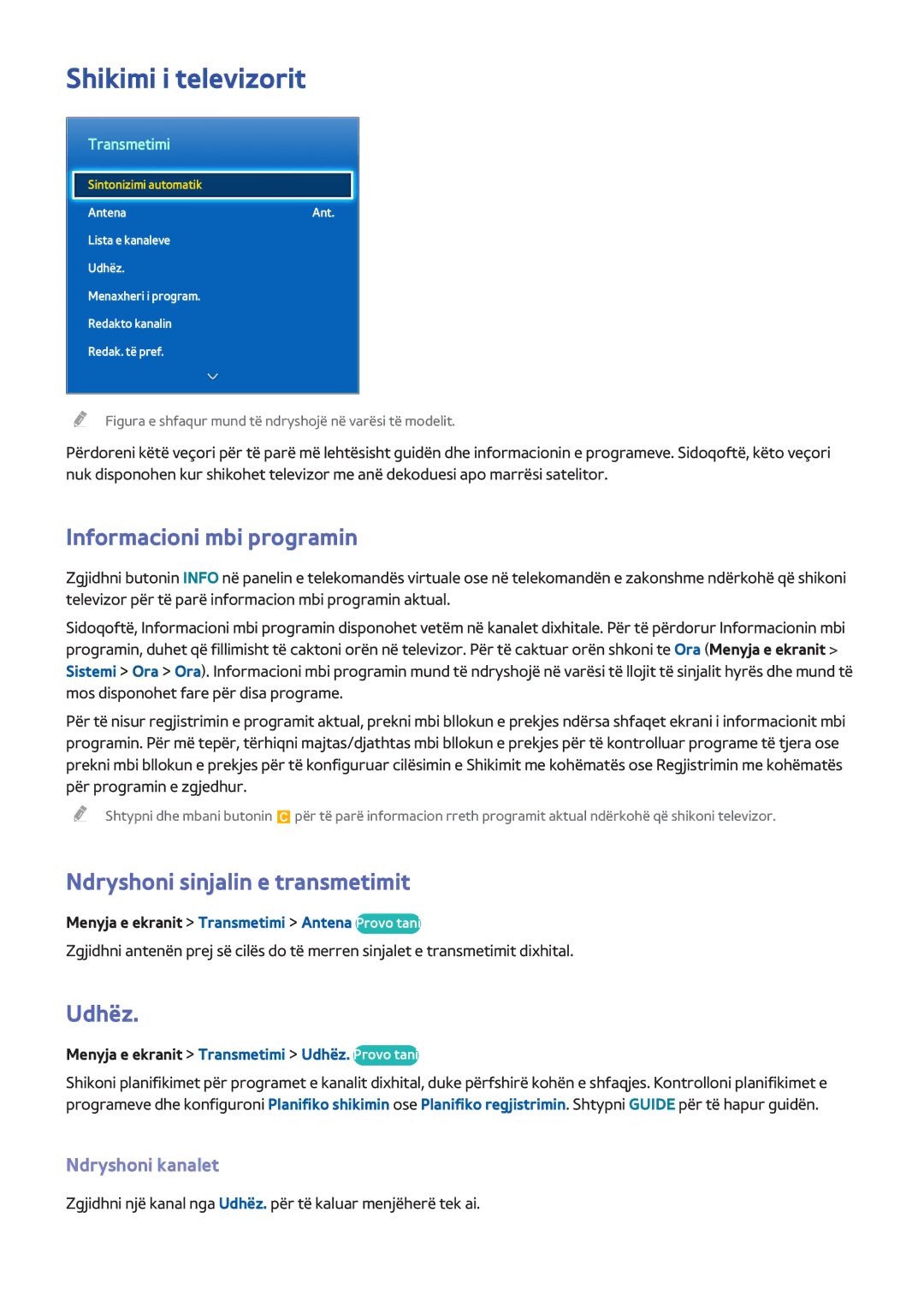 Samsung UE40F6200AWXXH manual Shikimi i televizorit, Informacioni mbi programin, Ndryshoni sinjalin e transmetimit, Udhëz 