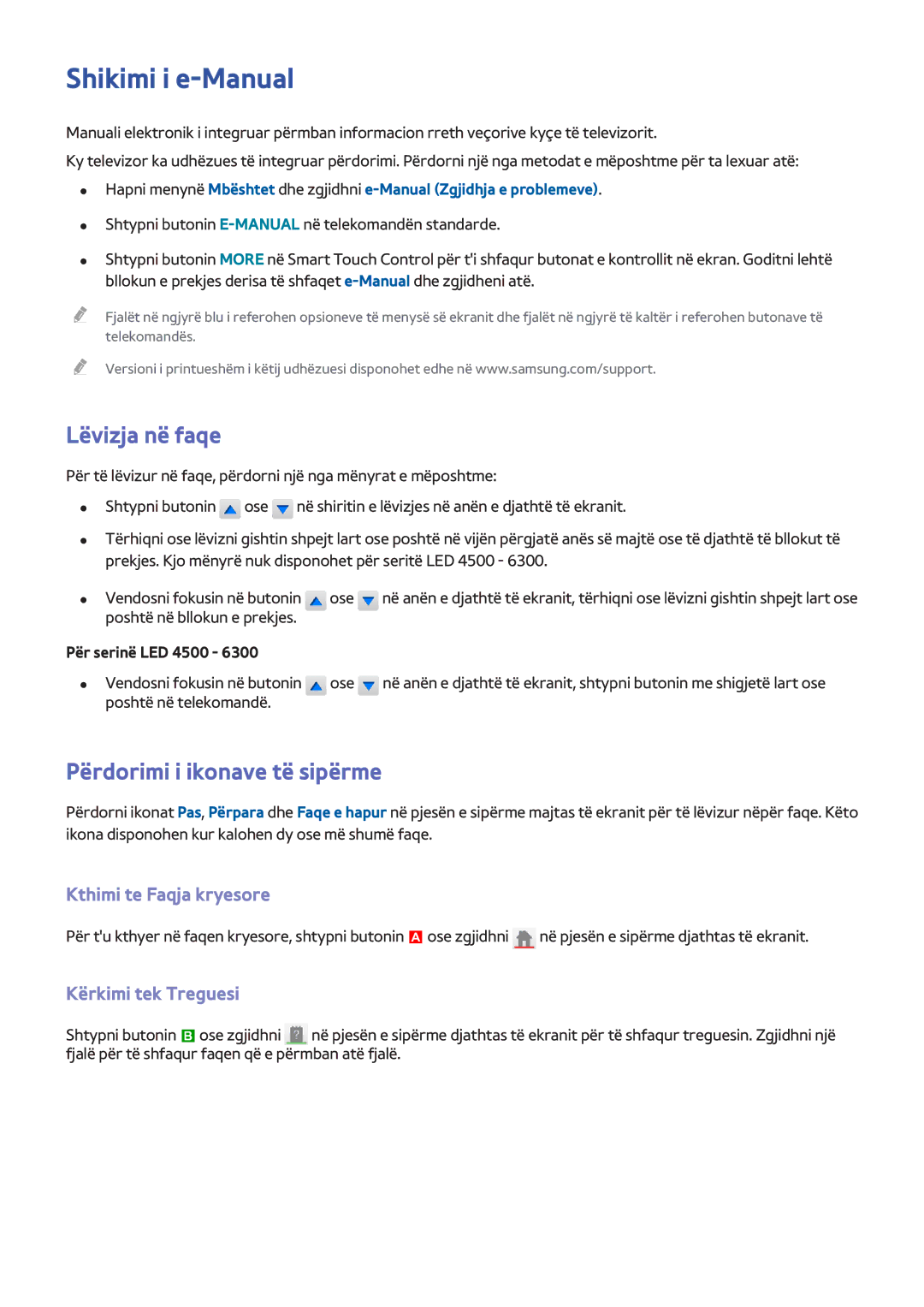 Samsung UE42F5500AWXXH manual Shikimi i e-Manual, Lëvizja në faqe, Përdorimi i ikonave të sipërme, Kthimi te Faqja kryesore 