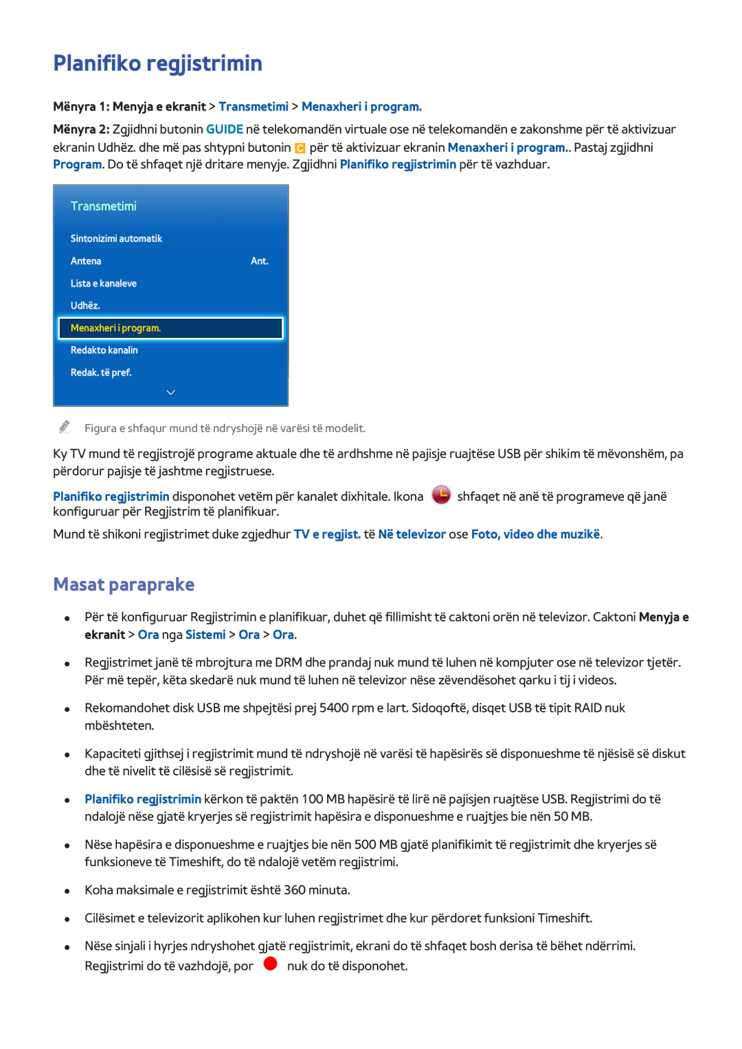 Samsung UE32F4500AWXXH, UE50F6400AKXXH Planifiko regjistrimin, Mënyra 1 Menyja e ekranit Transmetimi Menaxheri i program 