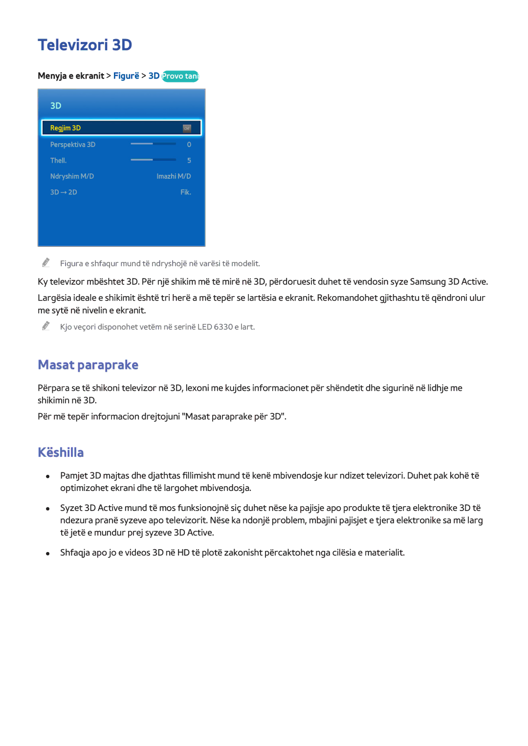Samsung UE40F5300AWXXH, UE50F6400AKXXH, UE32F5300AWXXH manual Televizori 3D, Këshilla, Menyja e ekranit Figurë 3D Provo tani 