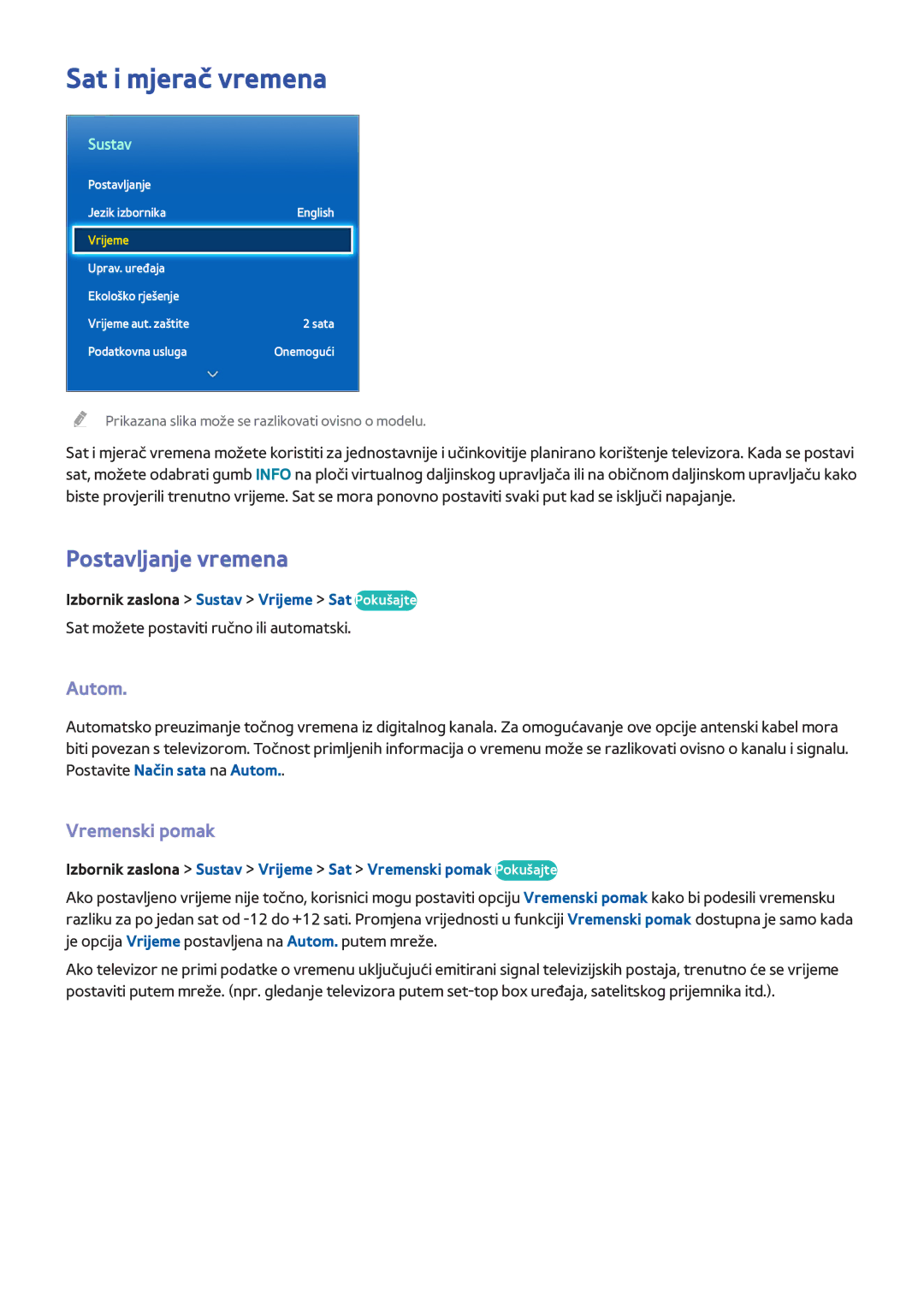 Samsung UE32F4510AWXXH, UE50F6400AKXXH, UE40F6320AWXXH Sat i mjerač vremena, Postavljanje vremena, Autom, Vremenski pomak 