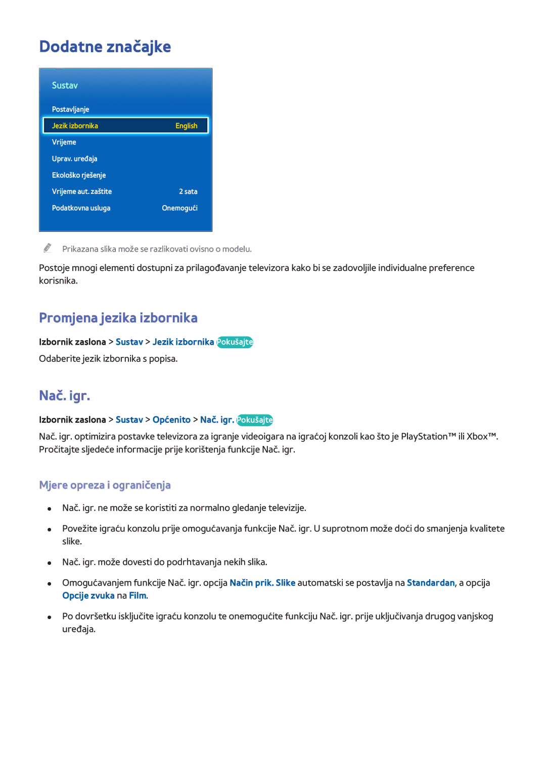 Samsung UE50F5500AWXXH, UE50F6400AKXXH Dodatne značajke, Promjena jezika izbornika, Nač. igr, Mjere opreza i ograničenja 