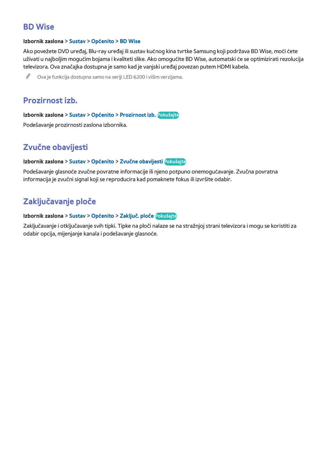 Samsung UE46F6510SBXXH, UE50F6400AKXXH, UE40F6320AWXXH manual BD Wise, Prozirnost izb, Zvučne obavijesti, Zaključavanje ploče 