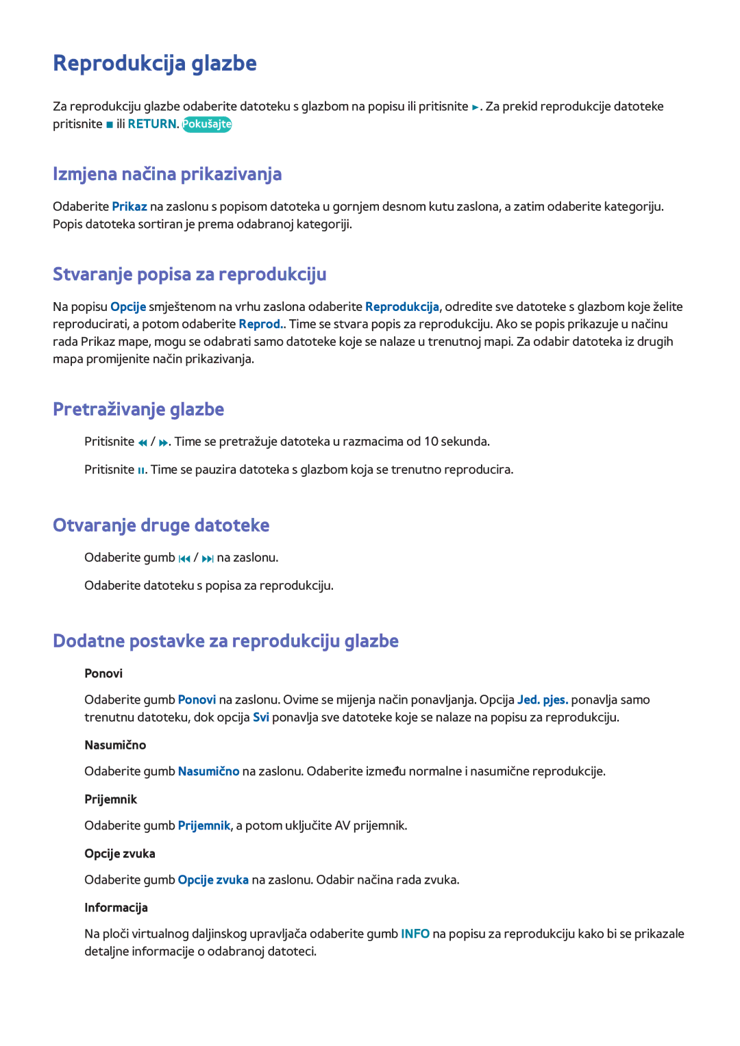 Samsung UE60F6300AWXXH manual Reprodukcija glazbe, Pretraživanje glazbe, Dodatne postavke za reprodukciju glazbe, Nasumično 