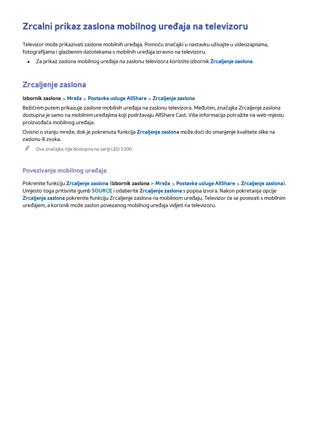 Samsung UE75F6300AWXXH, UE50F6400AKXXH manual Zrcalni prikaz zaslona mobilnog uređaja na televizoru, Zrcaljenje zaslona 